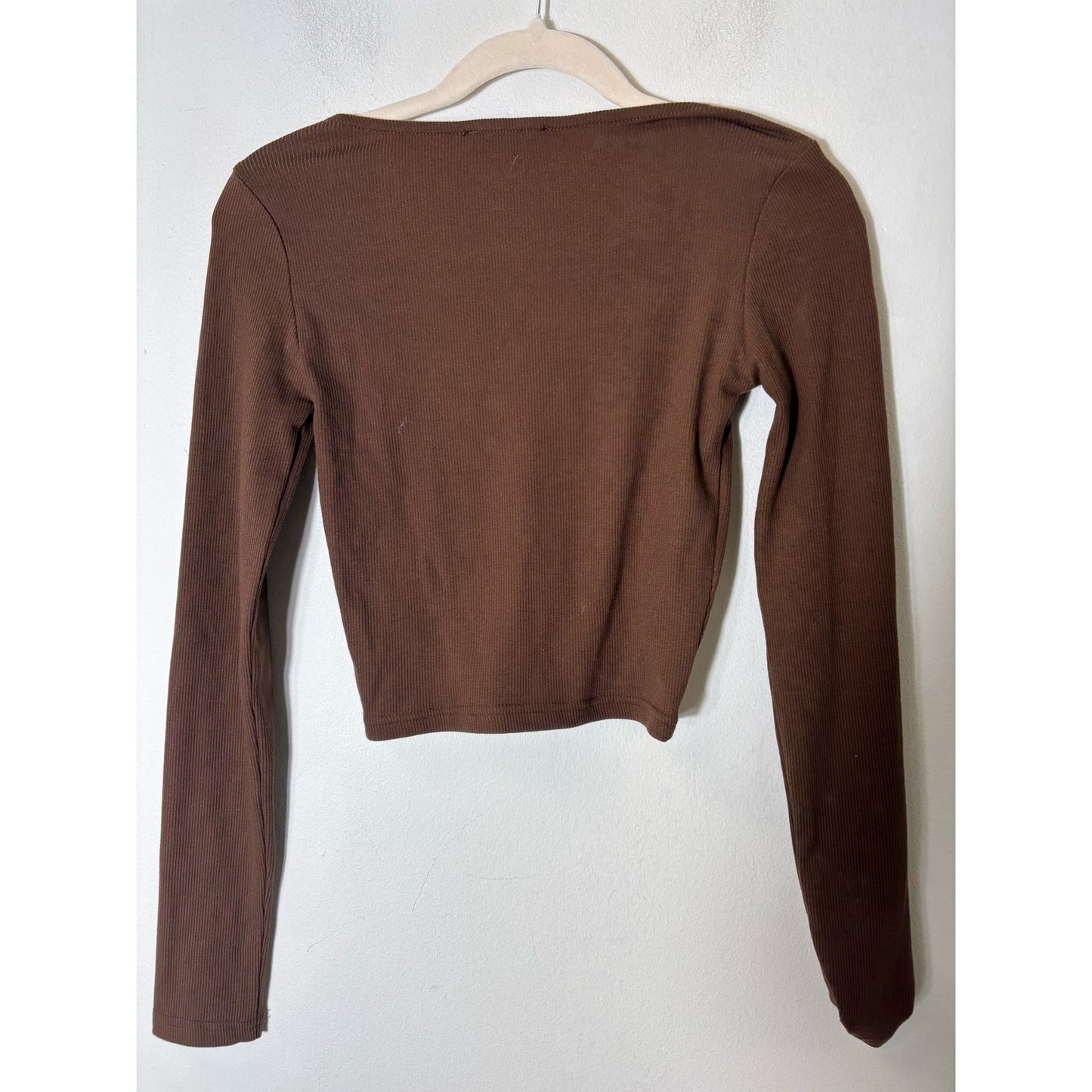 Kittenish Brown Long Sleeve Ribbed Cropped Shirt Sz S