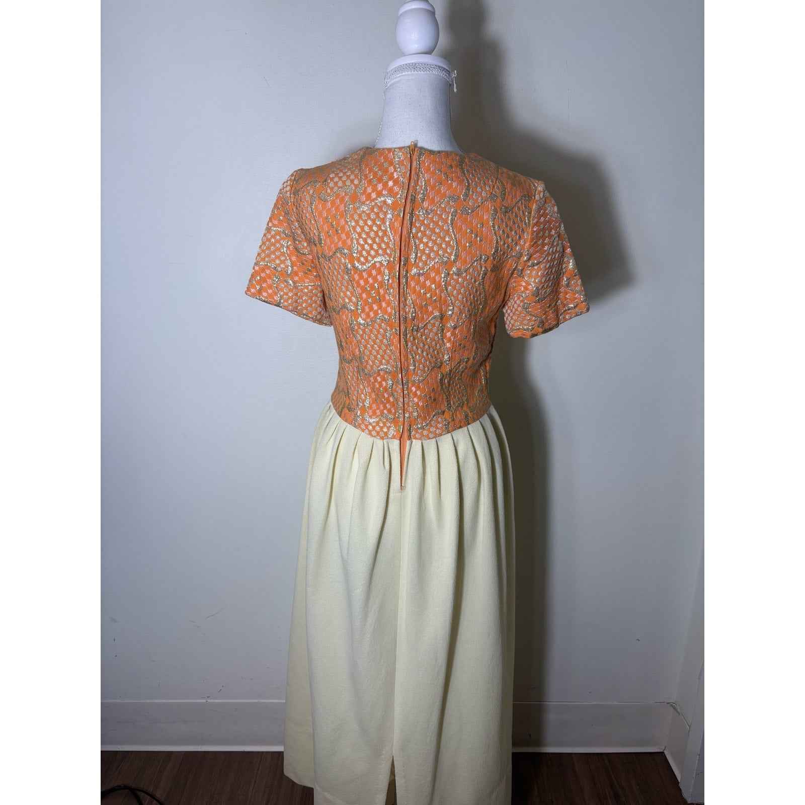Vintage 1970's Hand Tailored Peach Pink and Gold Ivory Evening Gown Sz S/M