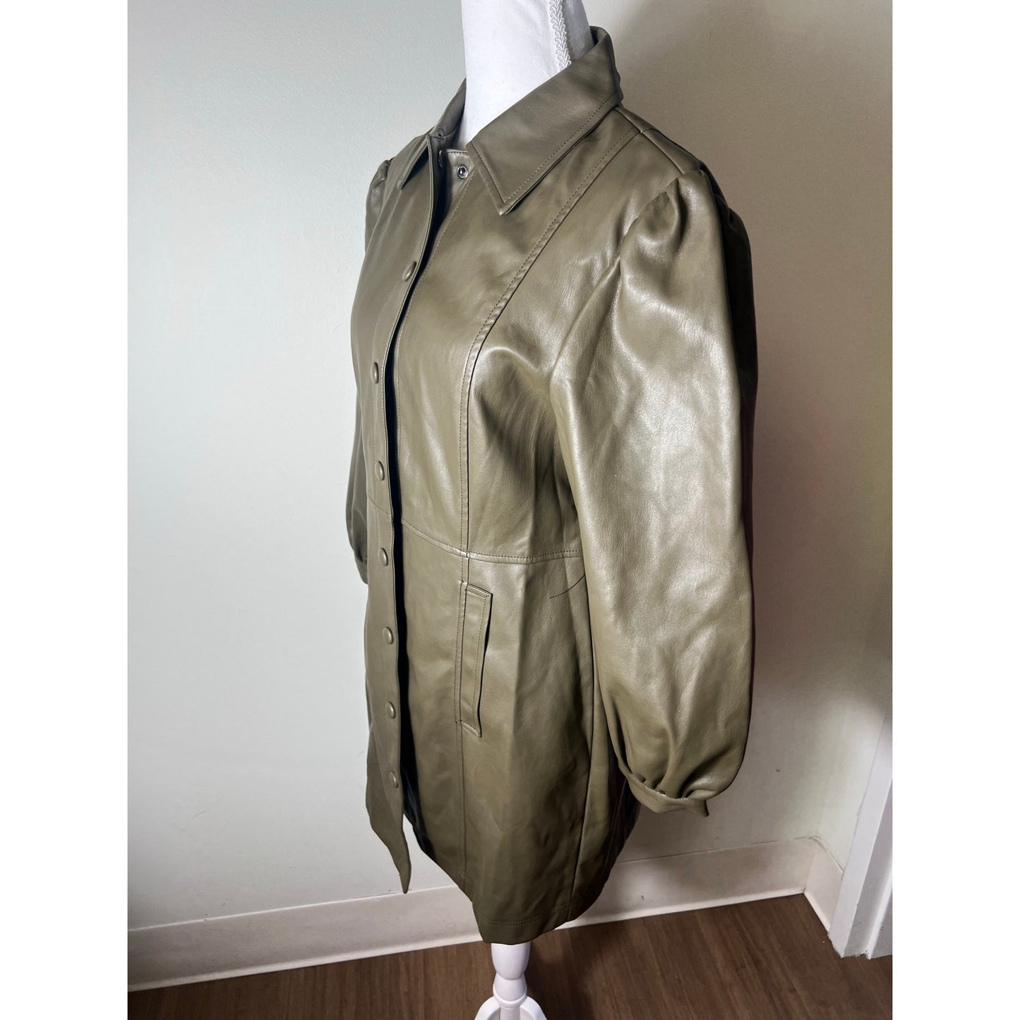 Top Shop Olive Green Faux Leather Long Sleeve Button Up Mini Dress Sz 8