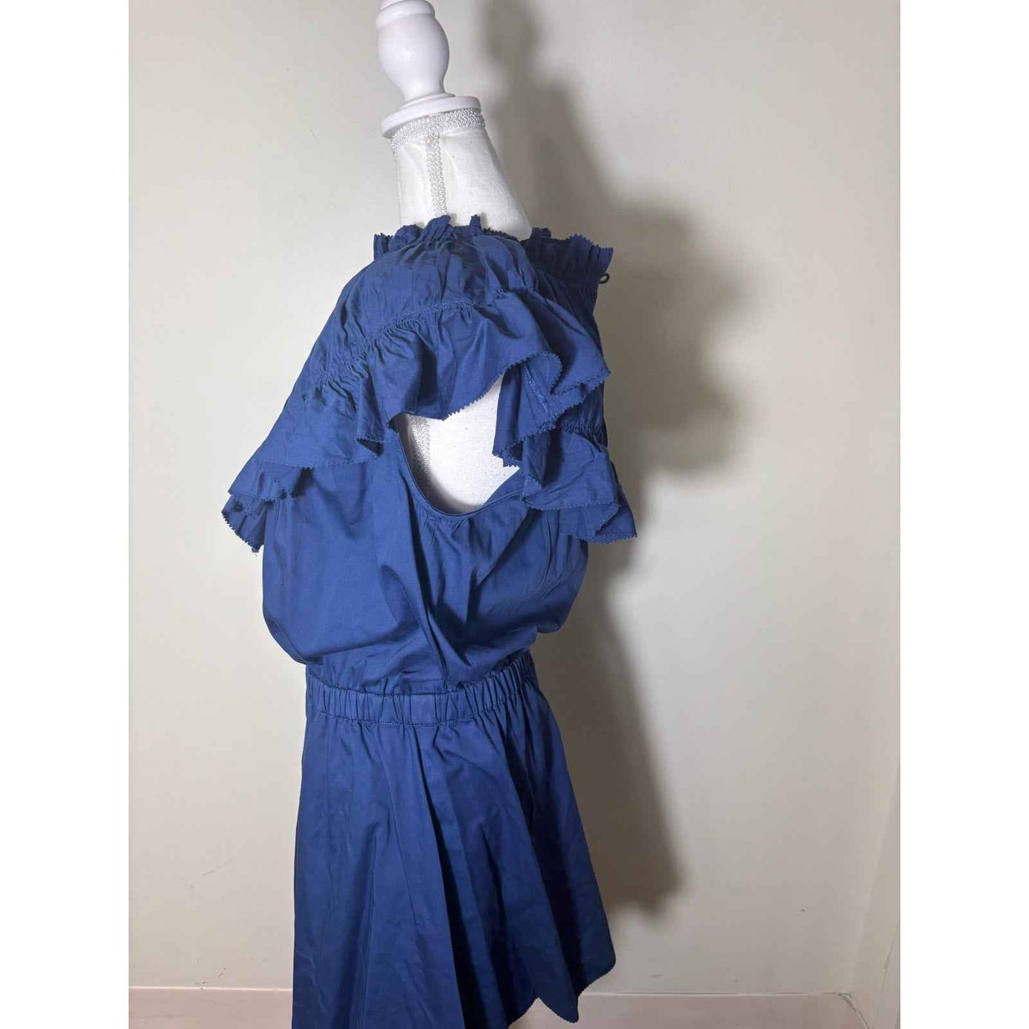 Never A Wallflower Navy Flutter Sleeve High Neck Cotton Knee Length Dress Sz L