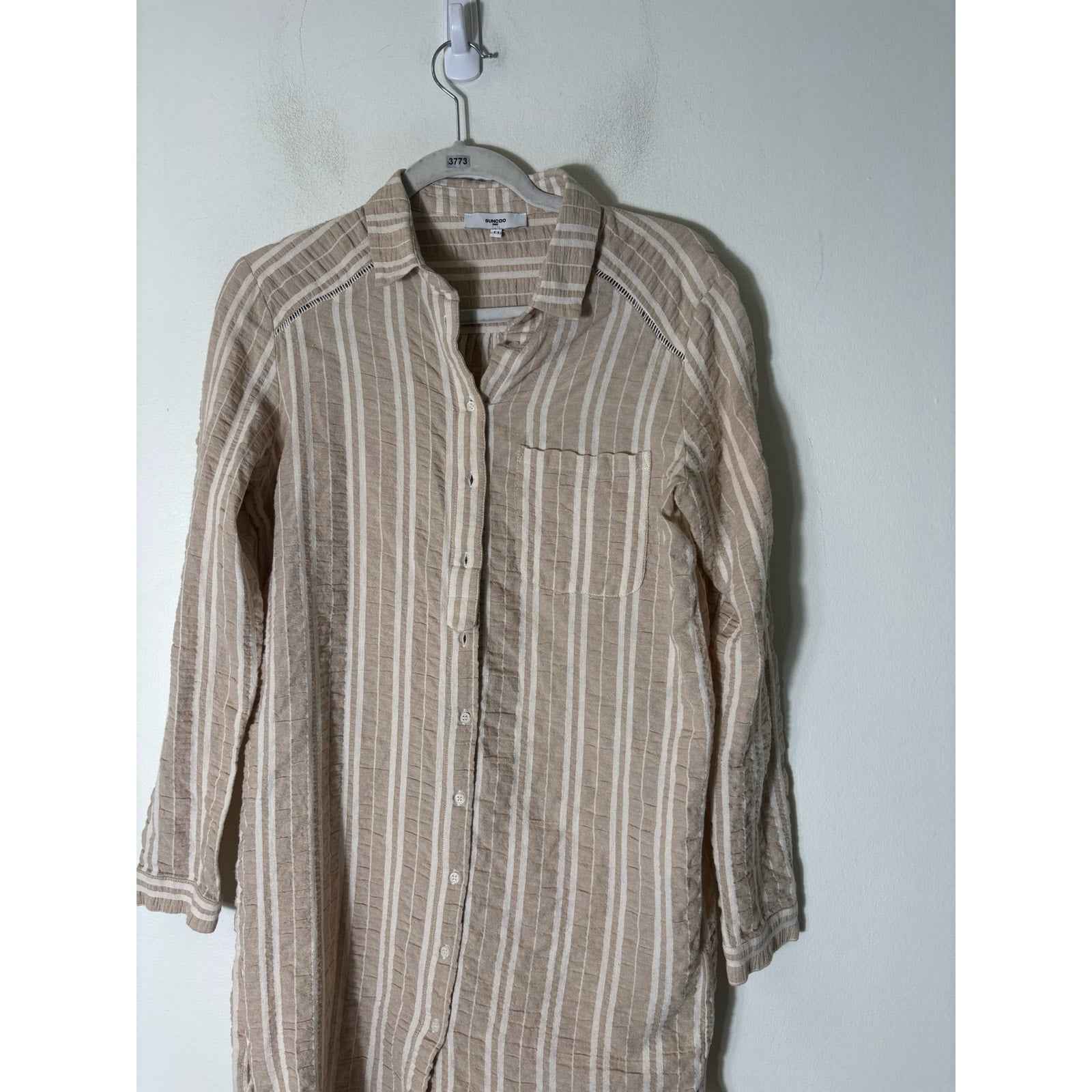 Suncoo Paris Beige and White Stripe Knee Length Dress Sz T1