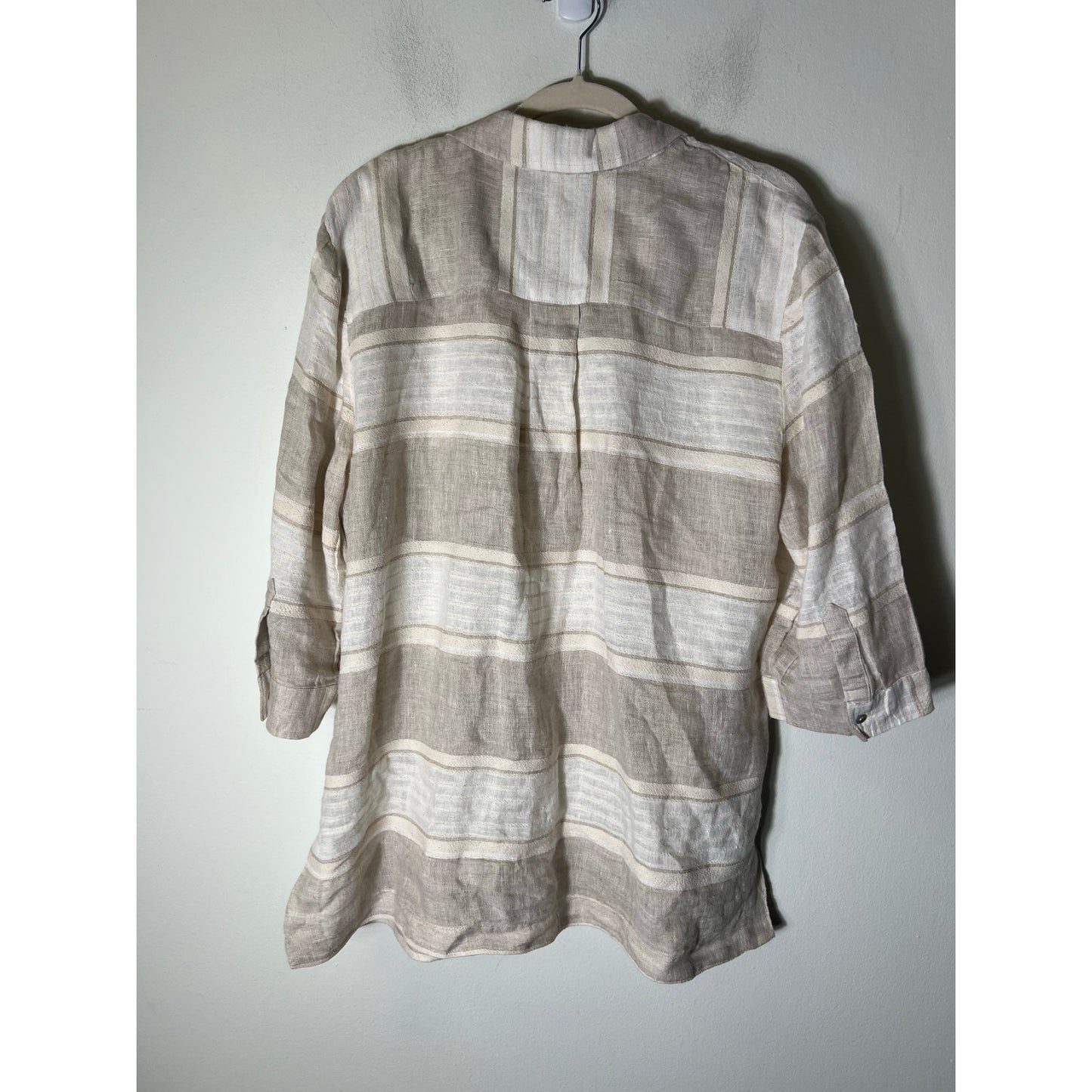 Chico's Off White Tan 3/4 Sleeve Linen Button Up Sz 3