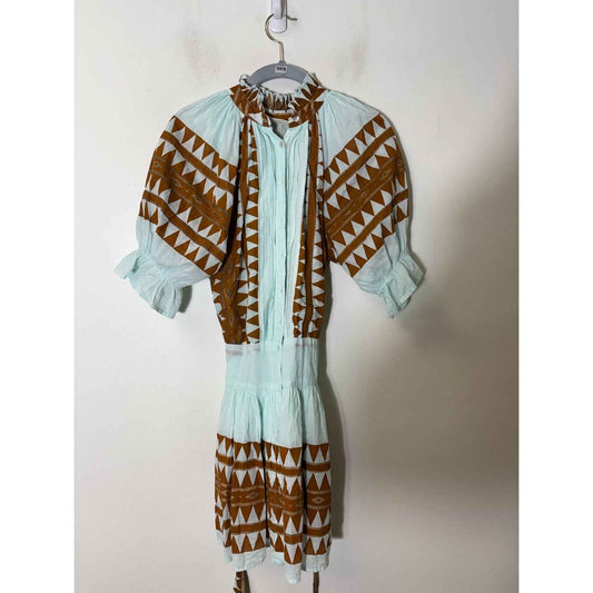 Guadalupe Teal Blue Half Sleeve Cotton Mini Dress Sz XS