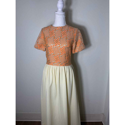 Vintage 1970's Hand Tailored Peach Pink and Gold Ivory Evening Gown Sz S/M