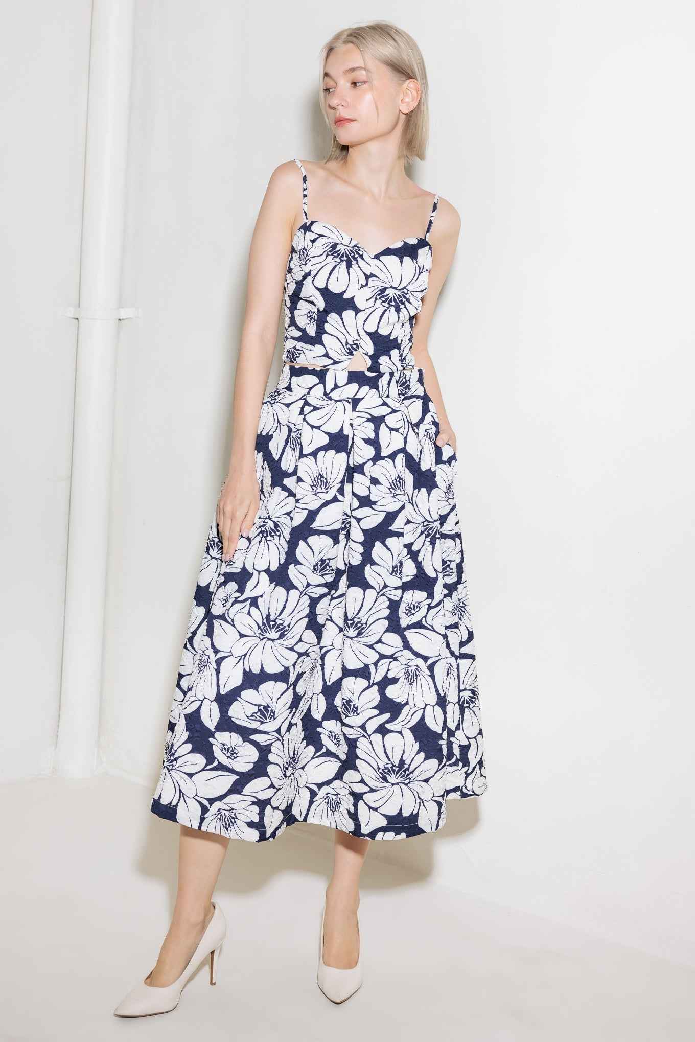 PLAIN OPTIMISM NAVY WOVEN MIDI SKIRT