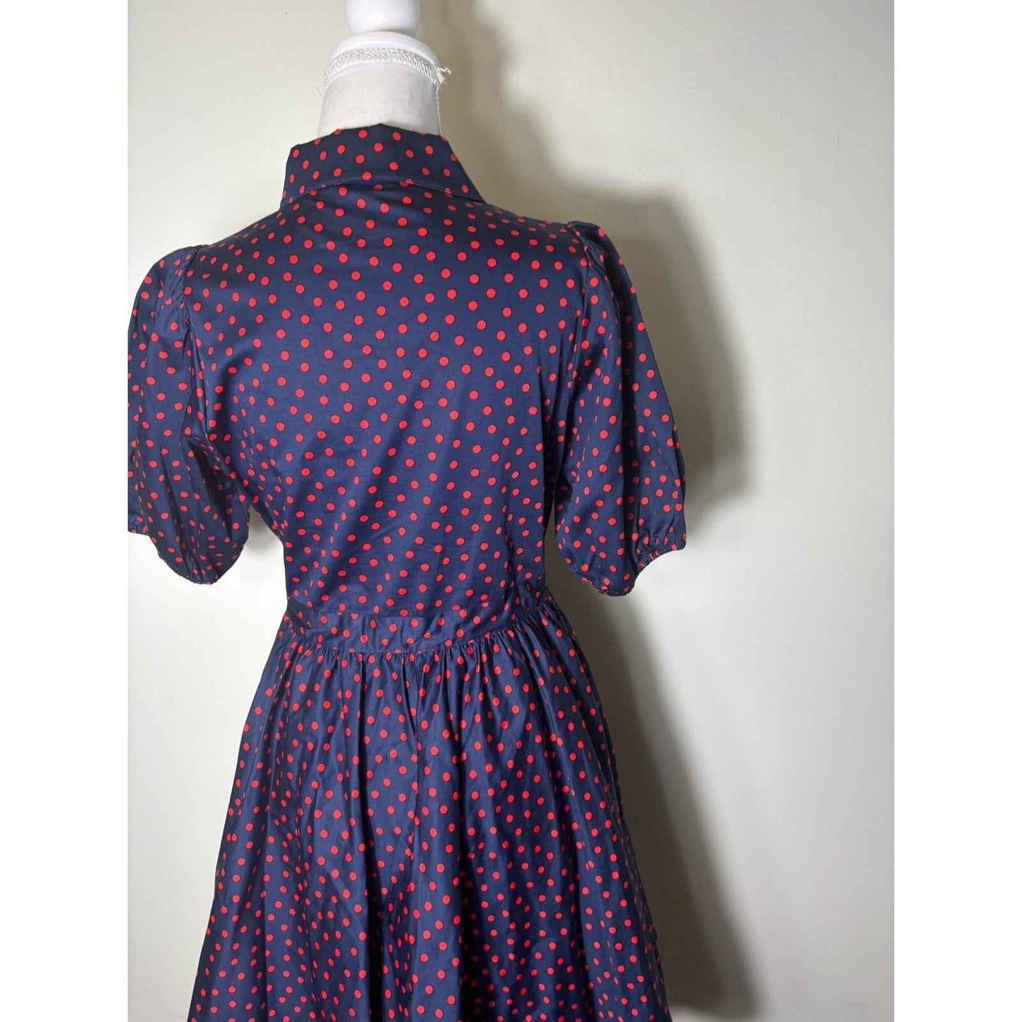 Kate Spade Navy Blue Red Polka Dot Puff Sleeve Mini Dress Sz XS