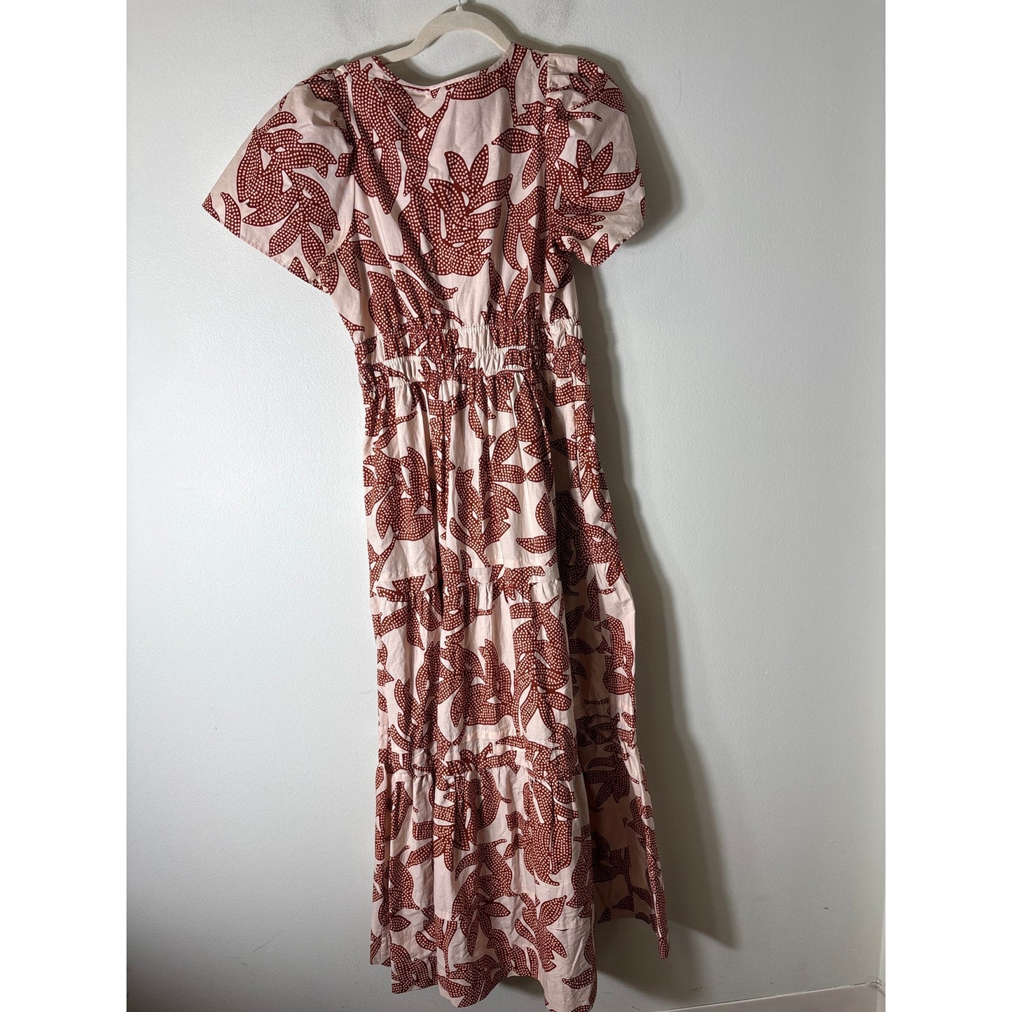 Anthropologie Off White Brown Short Sleeve Cotton Maxi Dress Sz S