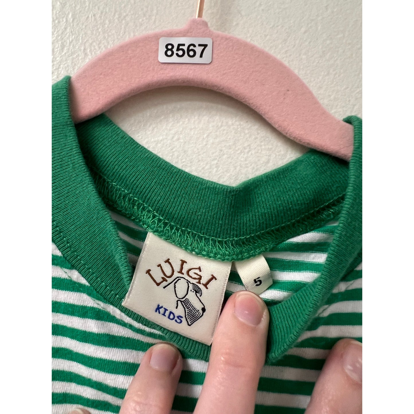 Luigi Kids Santa Embroidered Green and White Stripe Long Sleeve Sz 5