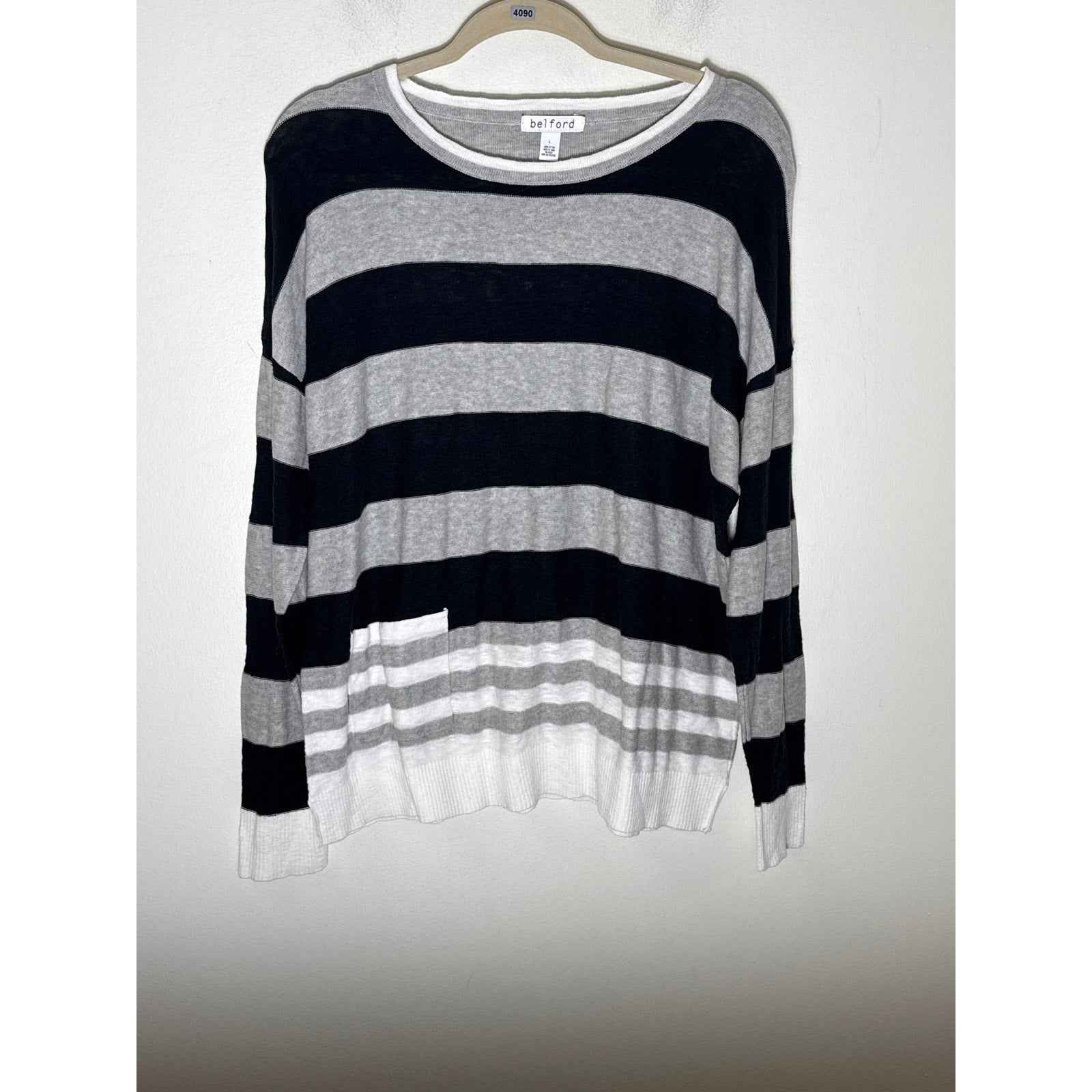 Belford Gray Black Stripe Long Sleeve Crew Neck Lightweight Cotton Sweater Sz L