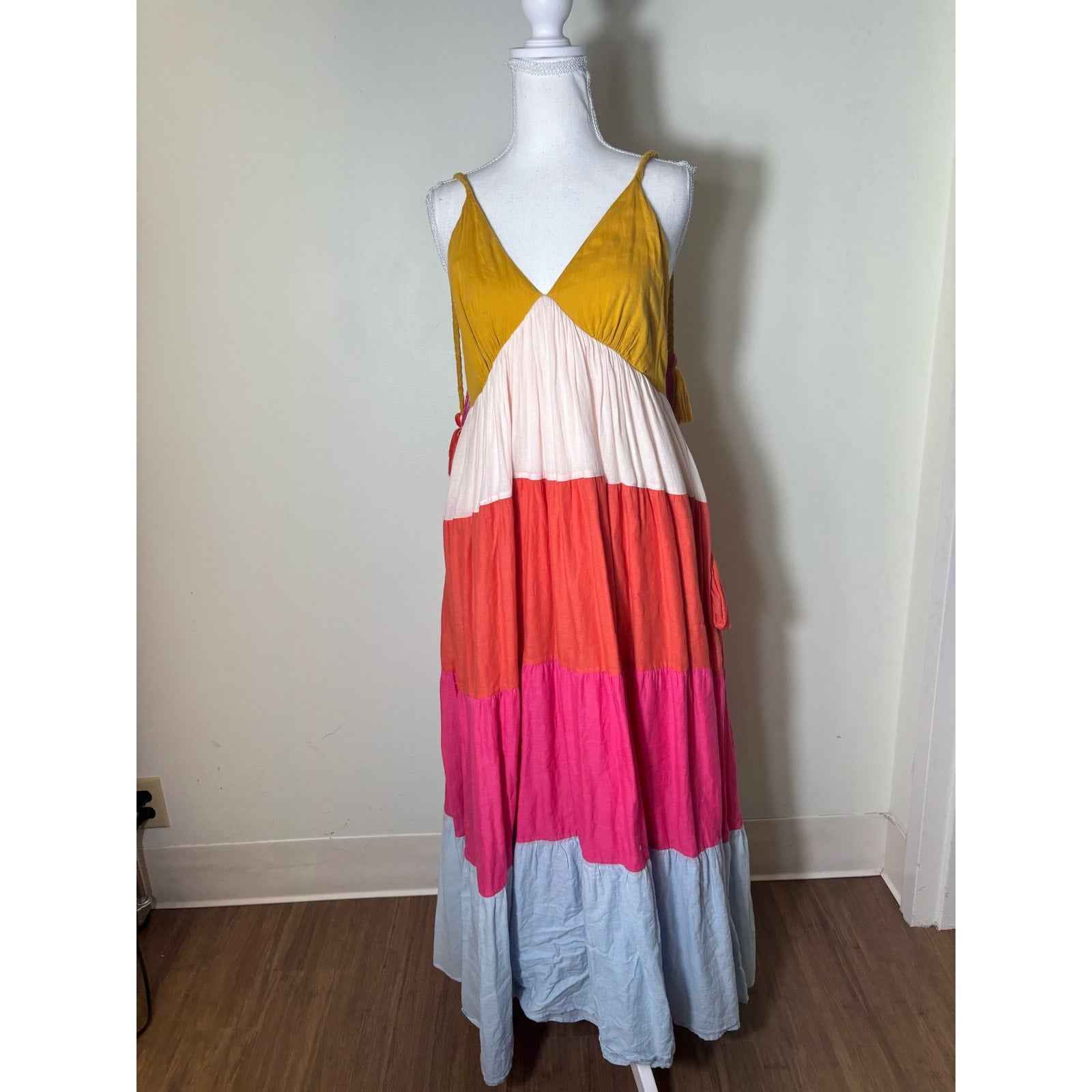 Seema Kahai Multicolor Color Block Tiered Maxi Dress Sz M