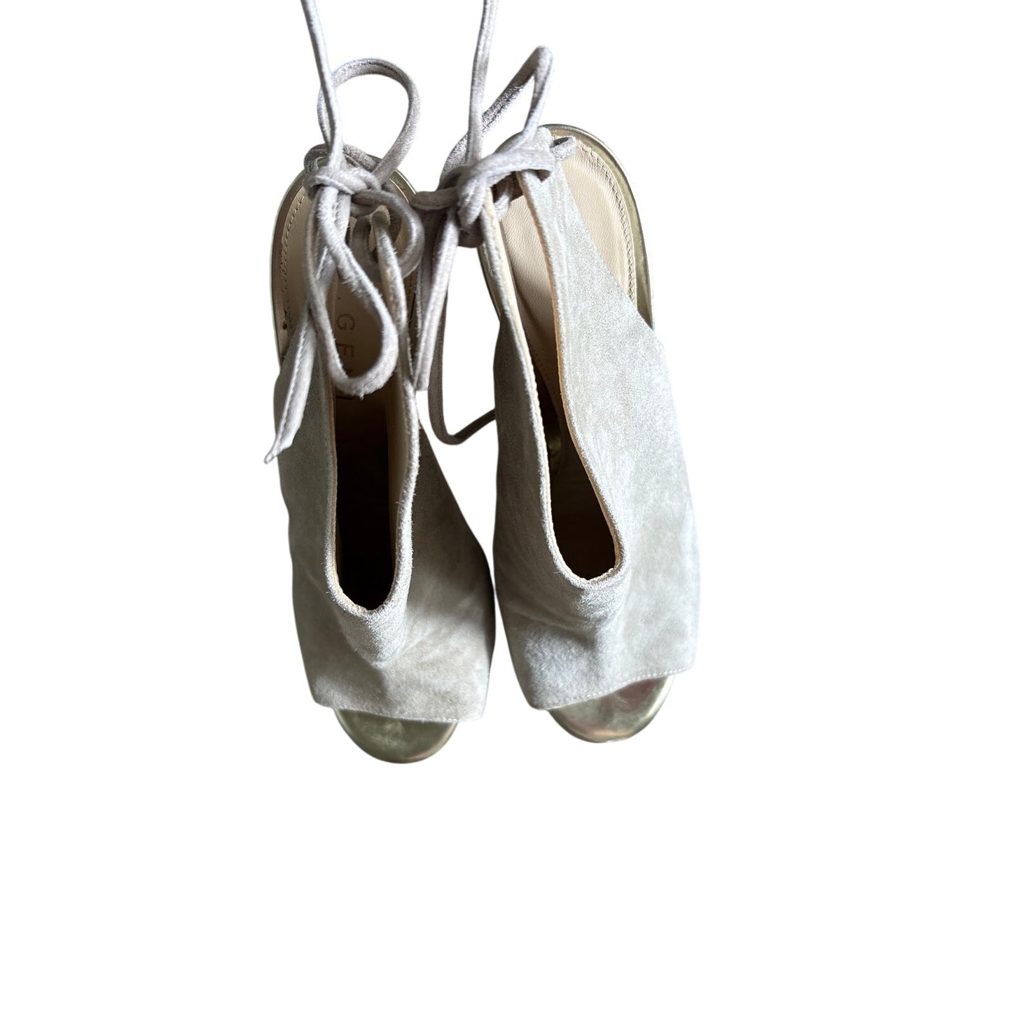 M.Gemi Suede Peep Toe Gold Heels Sz 38 (7.5)