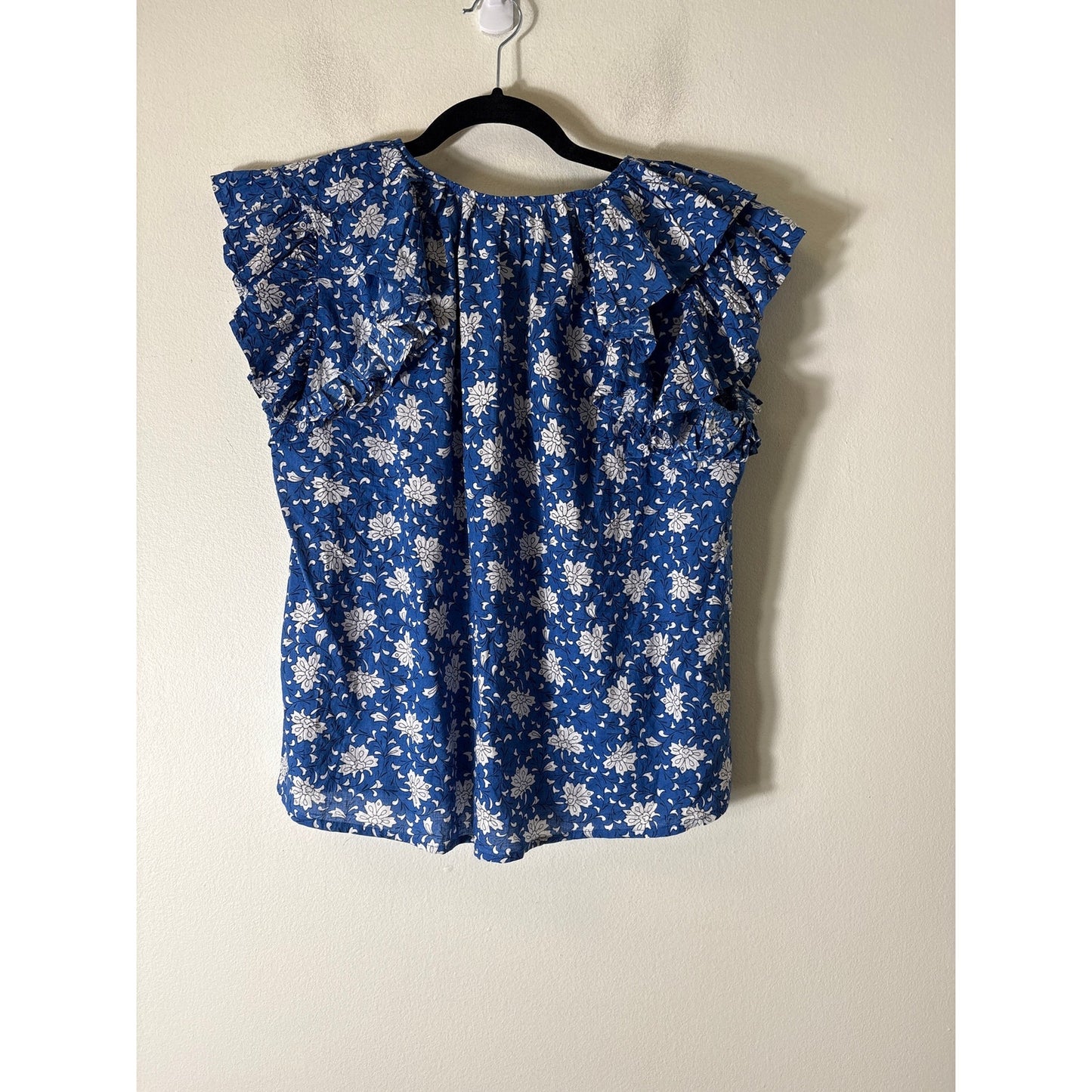 THML Blue White Floral Flutter Sleeve Cotton V-Neck Top Sz XS