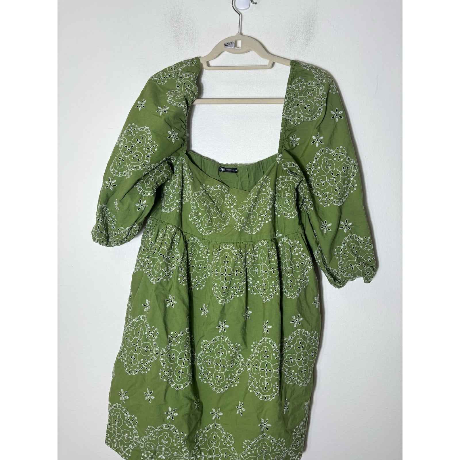 Zara Green Eyelet 3/4 Puff Sleeve Mini Dress Sz XL