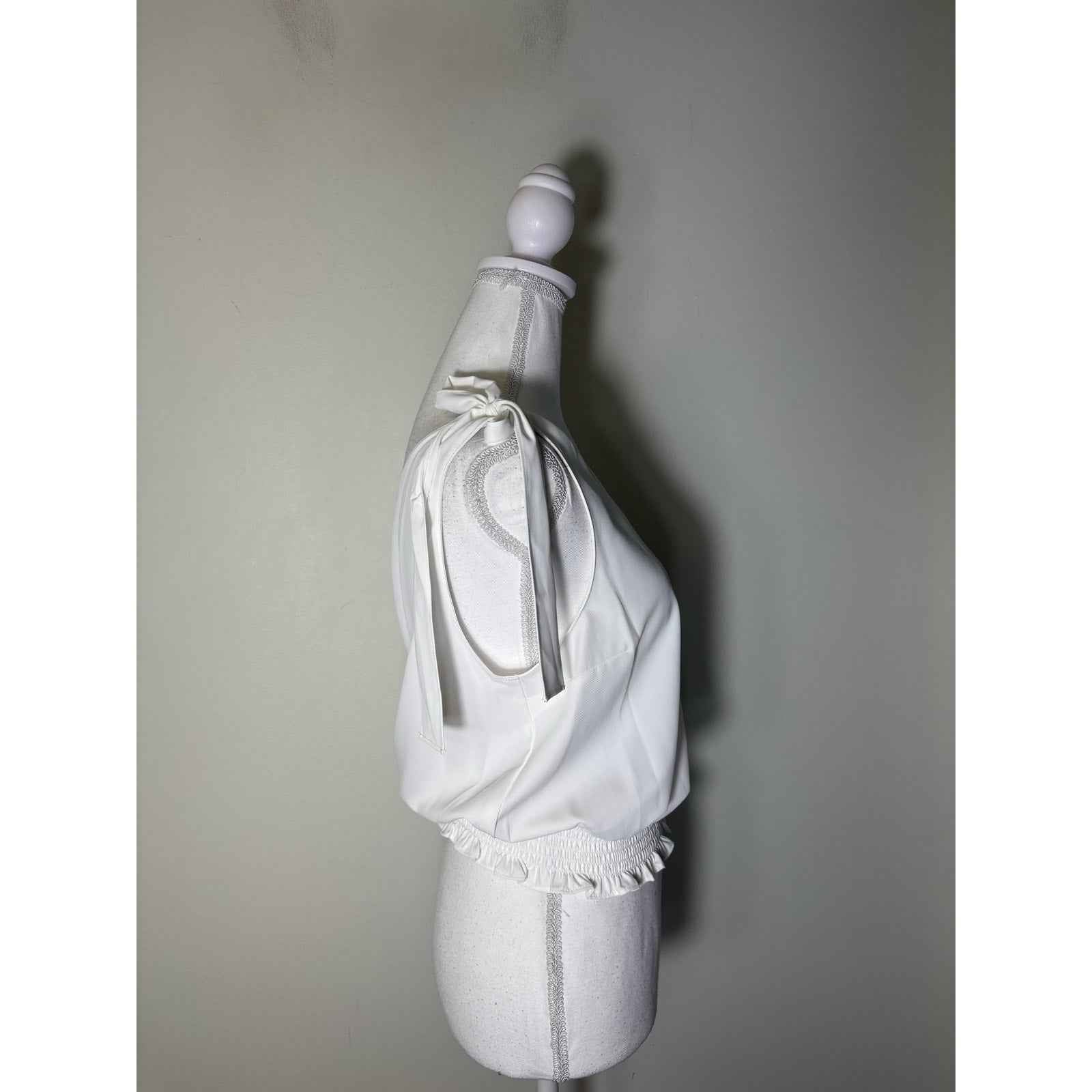 Amanda Uprichard White One Shoulder Cropped Smocked Waist Blouse Sz M