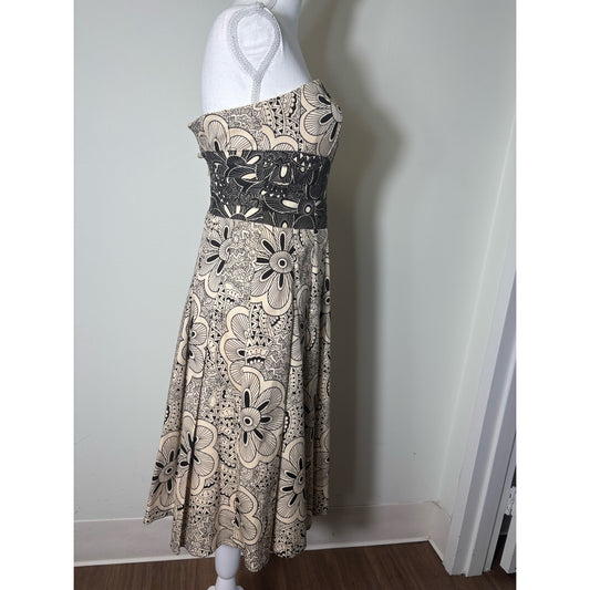 Kay Unger Off White and Black Print Strapless A Line Midi Dress Sz 4