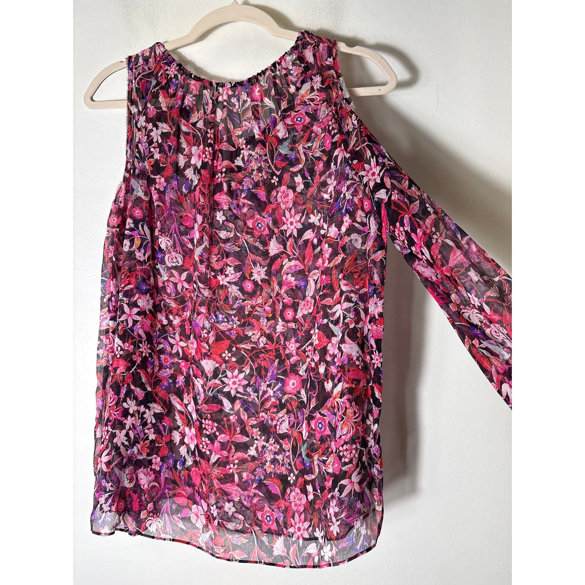 Ellie Tahari Pink Floral Cold Shoulder Sheer Long Sleeve Top Sz S