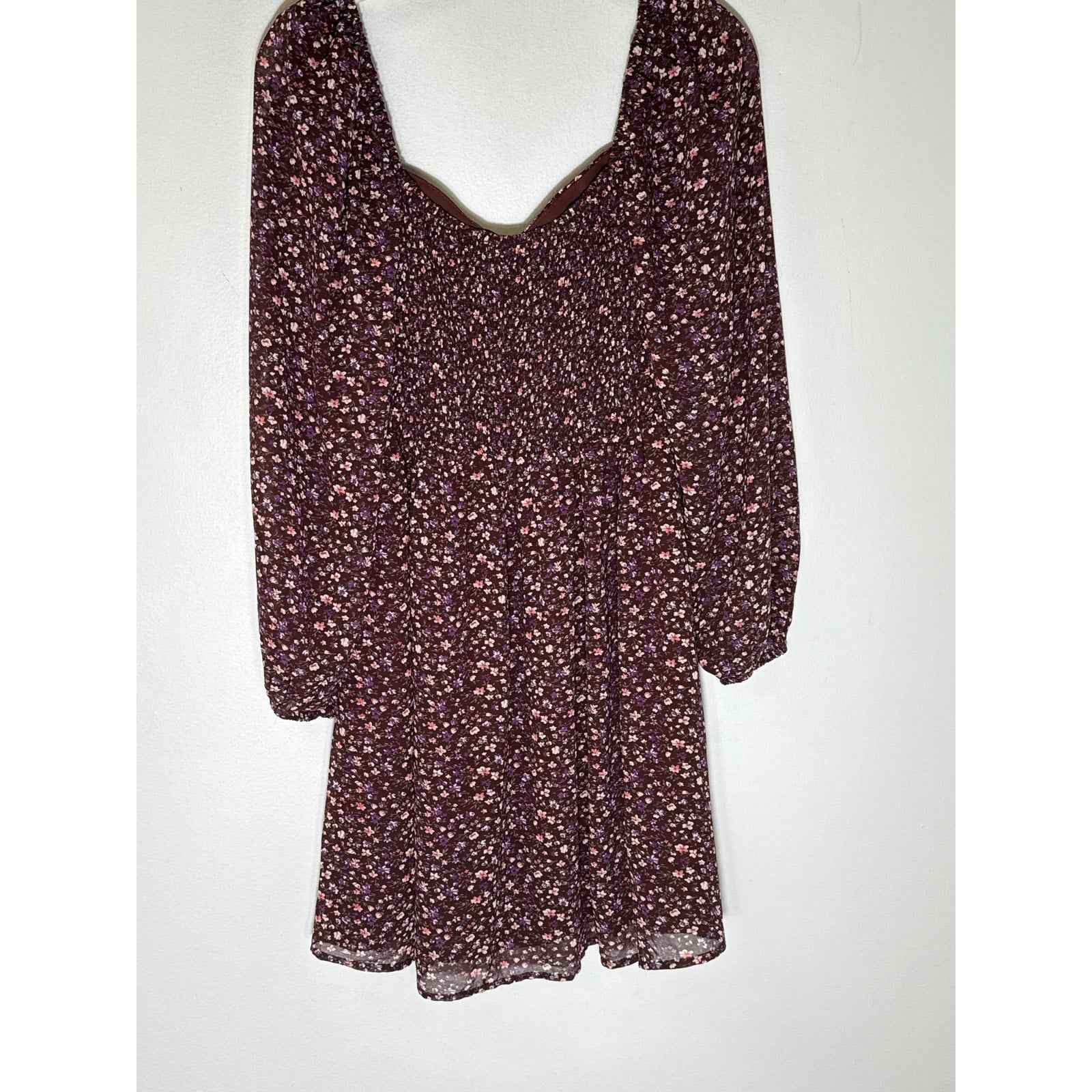 Lush Dark Purple Floral Long Puff Sleeve Smocked Mini Dress Sz S