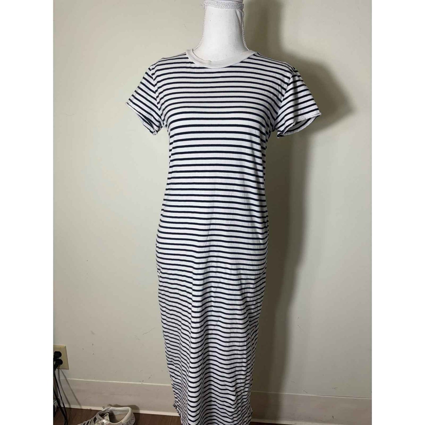 Frank & Eileen Navy and White Stripe Cotton Knit Cap Sleeve Maxi Dress Sz XS