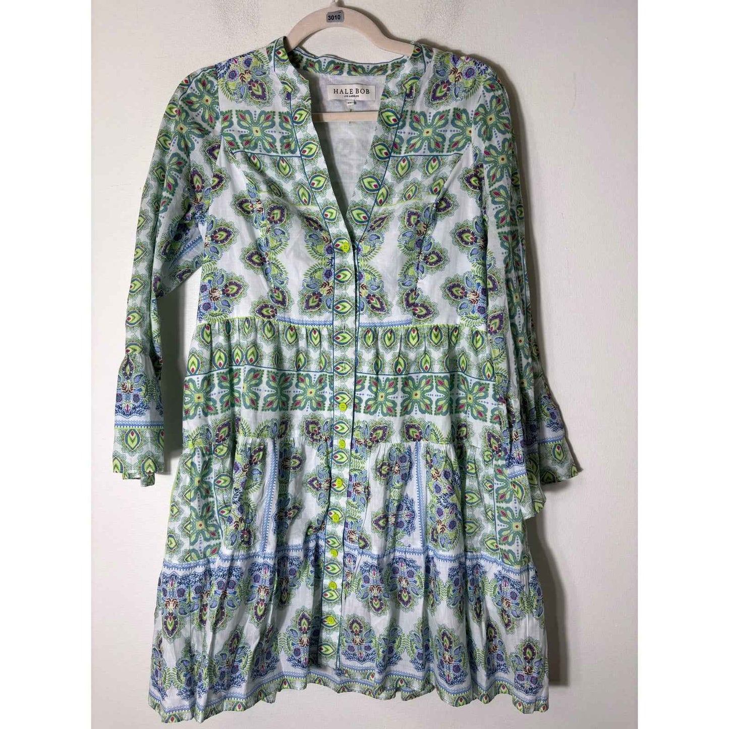 Hale Bob Green Print Long Sleeve V-Neck Cotton Mini Dress Sz XS