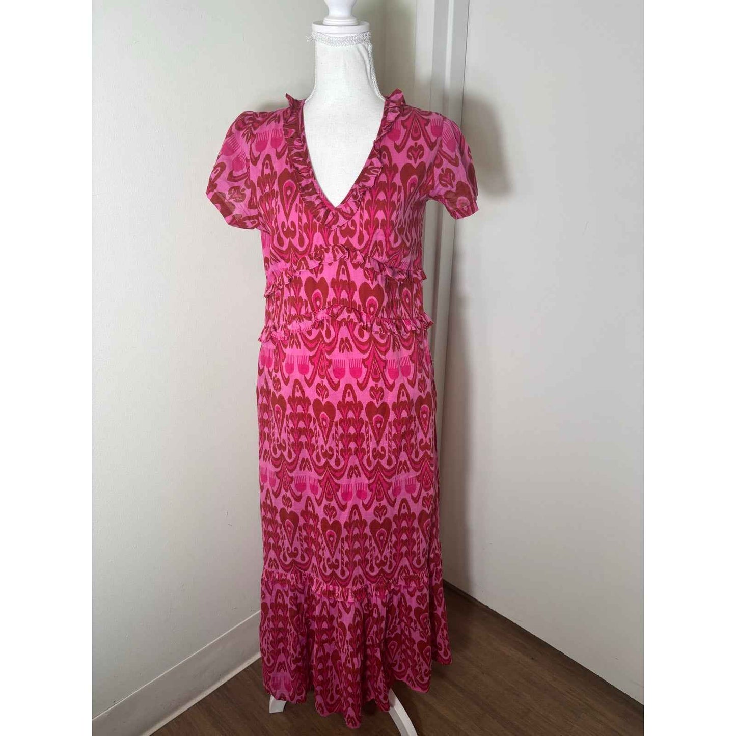 La Plage Pink and Red Ikat Maxi Dress Sz S