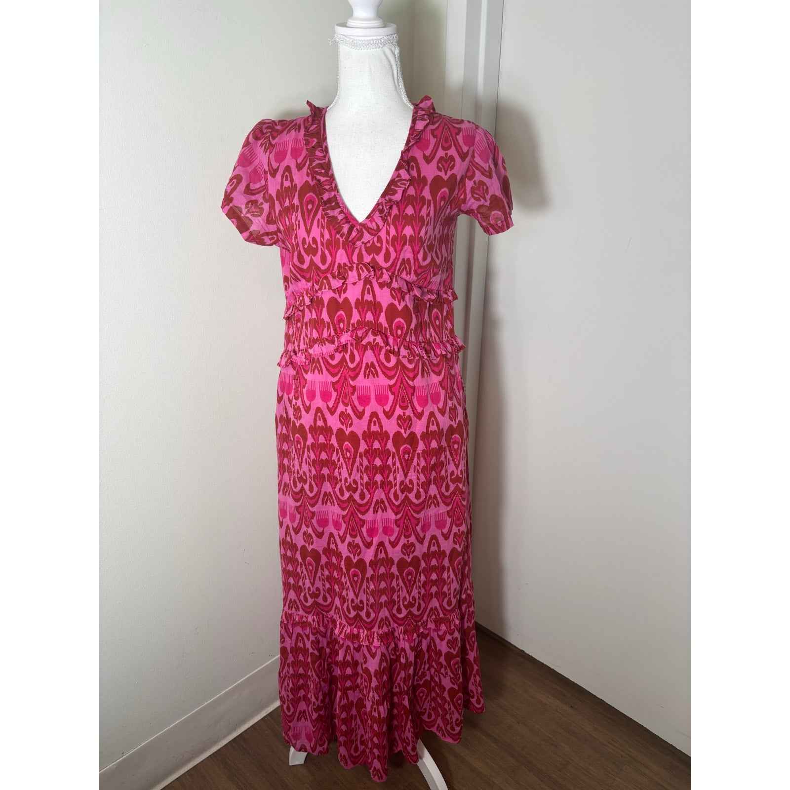 La Plage Pink and Red Ikat Maxi Dress Sz S