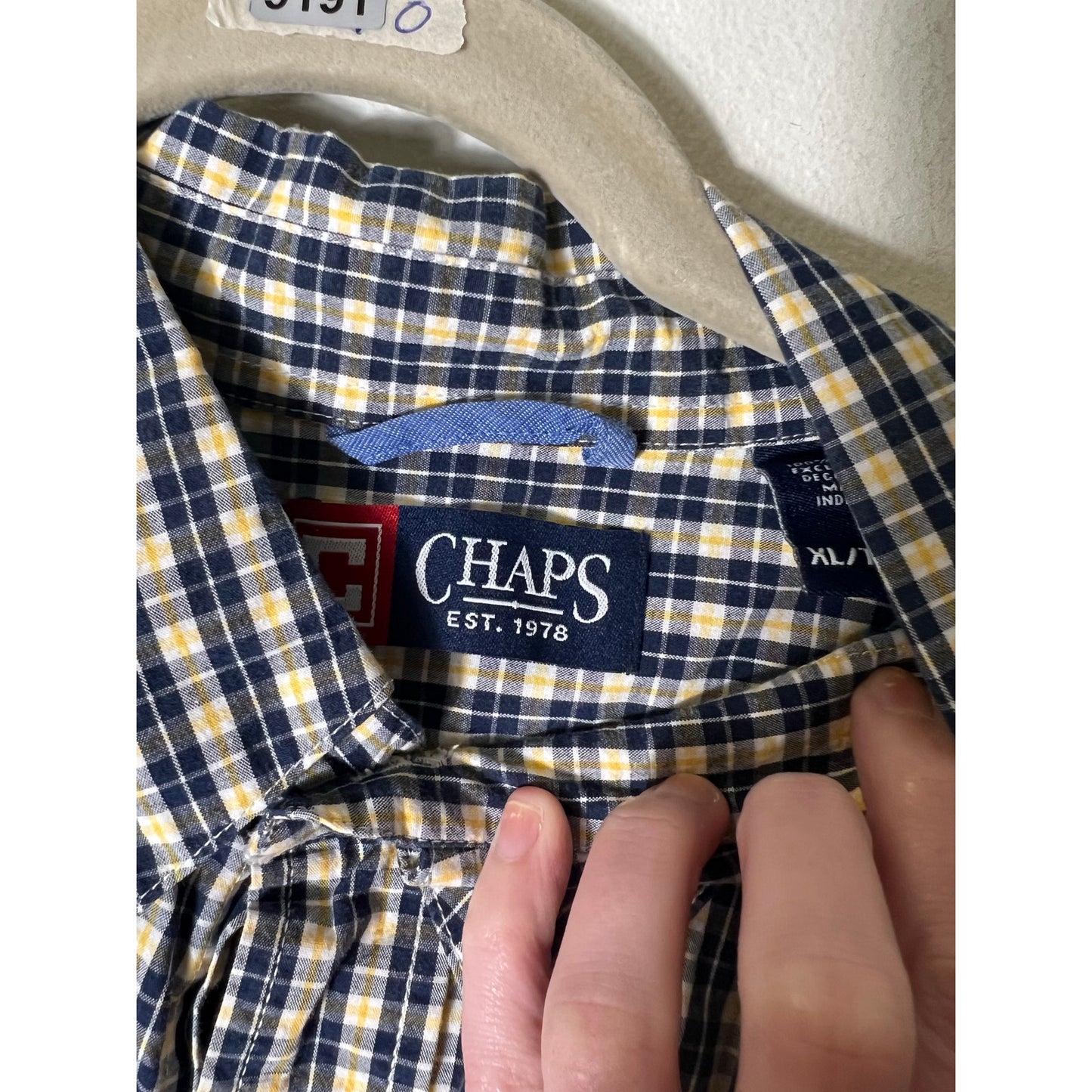 Chaps Yellow and Navy Plaid Button Up Long Sleeve Shirt Sz XL