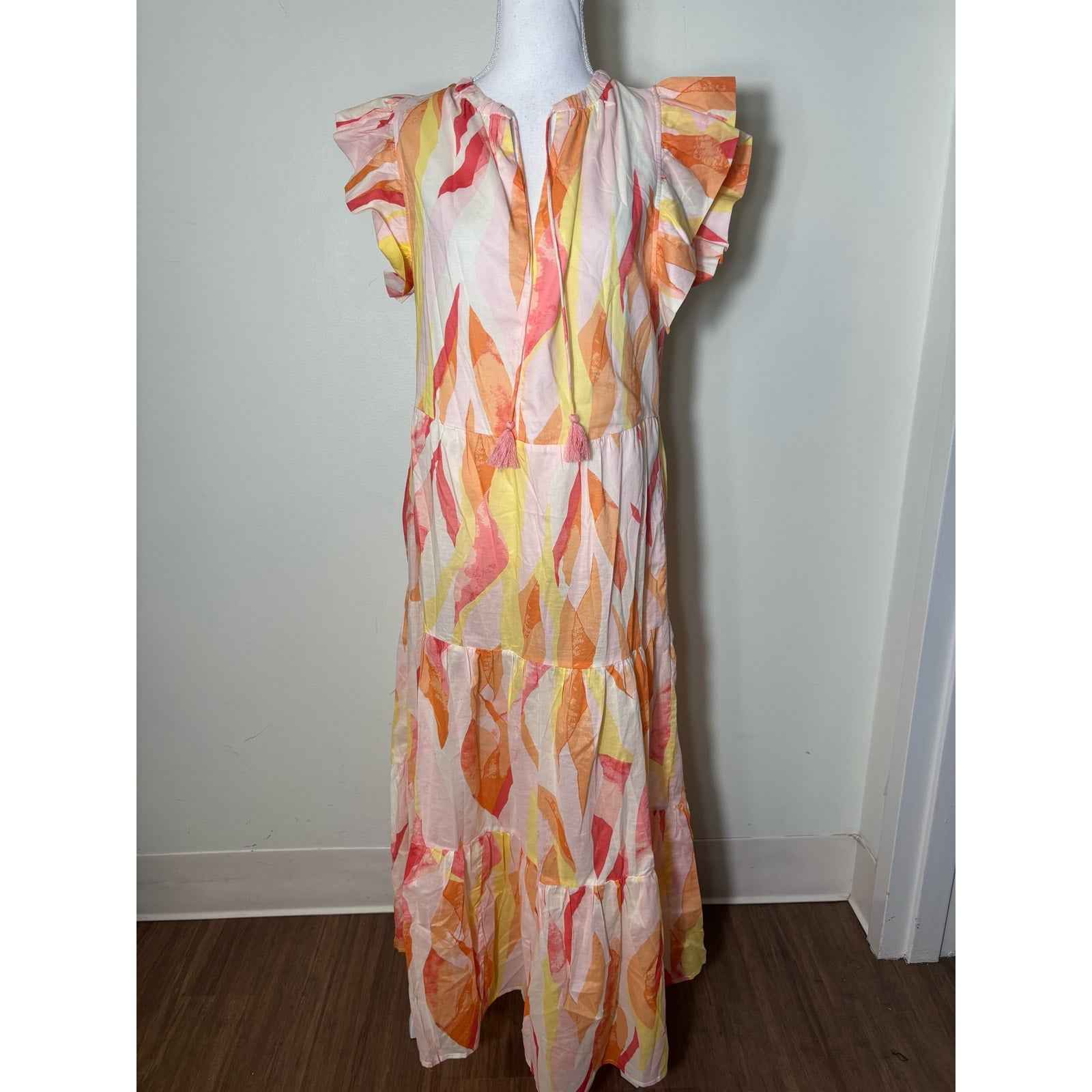 Elan Pink Orange Flutter Sleeve Tiered Cotton Maxi Dress Sz M