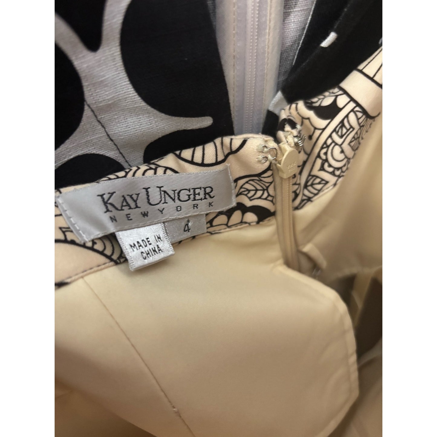 Kay Unger Off White and Black Print Strapless A Line Midi Dress Sz 4