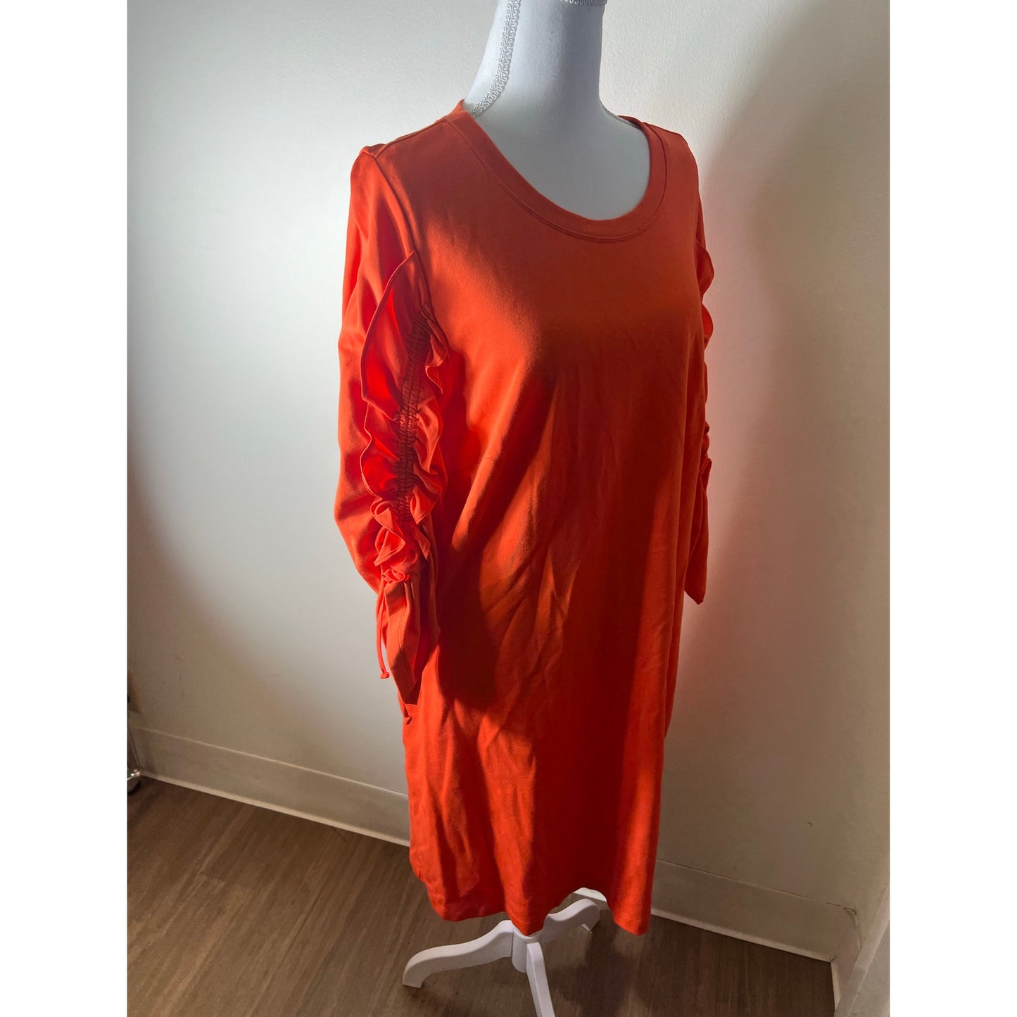 Kobi Halperin Orange Half Scrunched Sleeves Midi Shift Dress Sz L