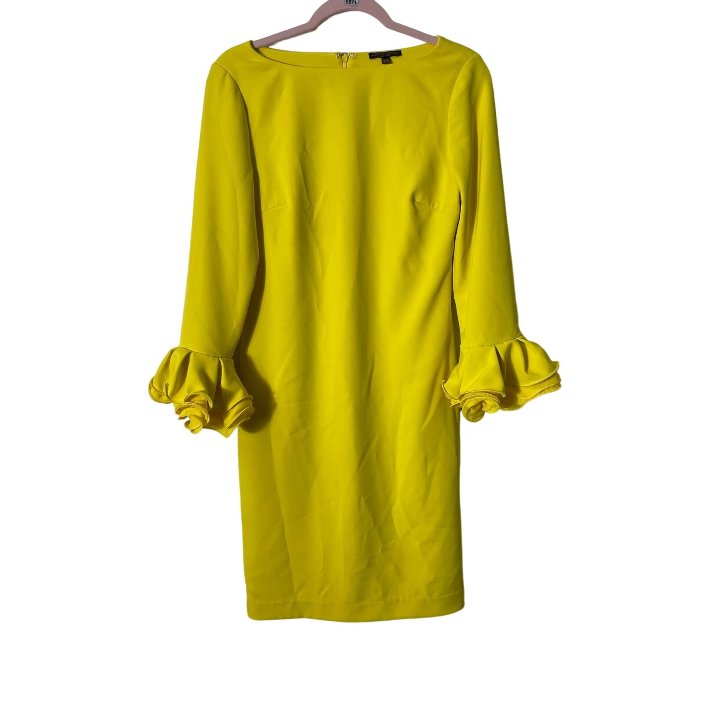 Alberto Makali Yellow Knee Length Dress With Pleated Layered Ruffled Sleeves Sz 4