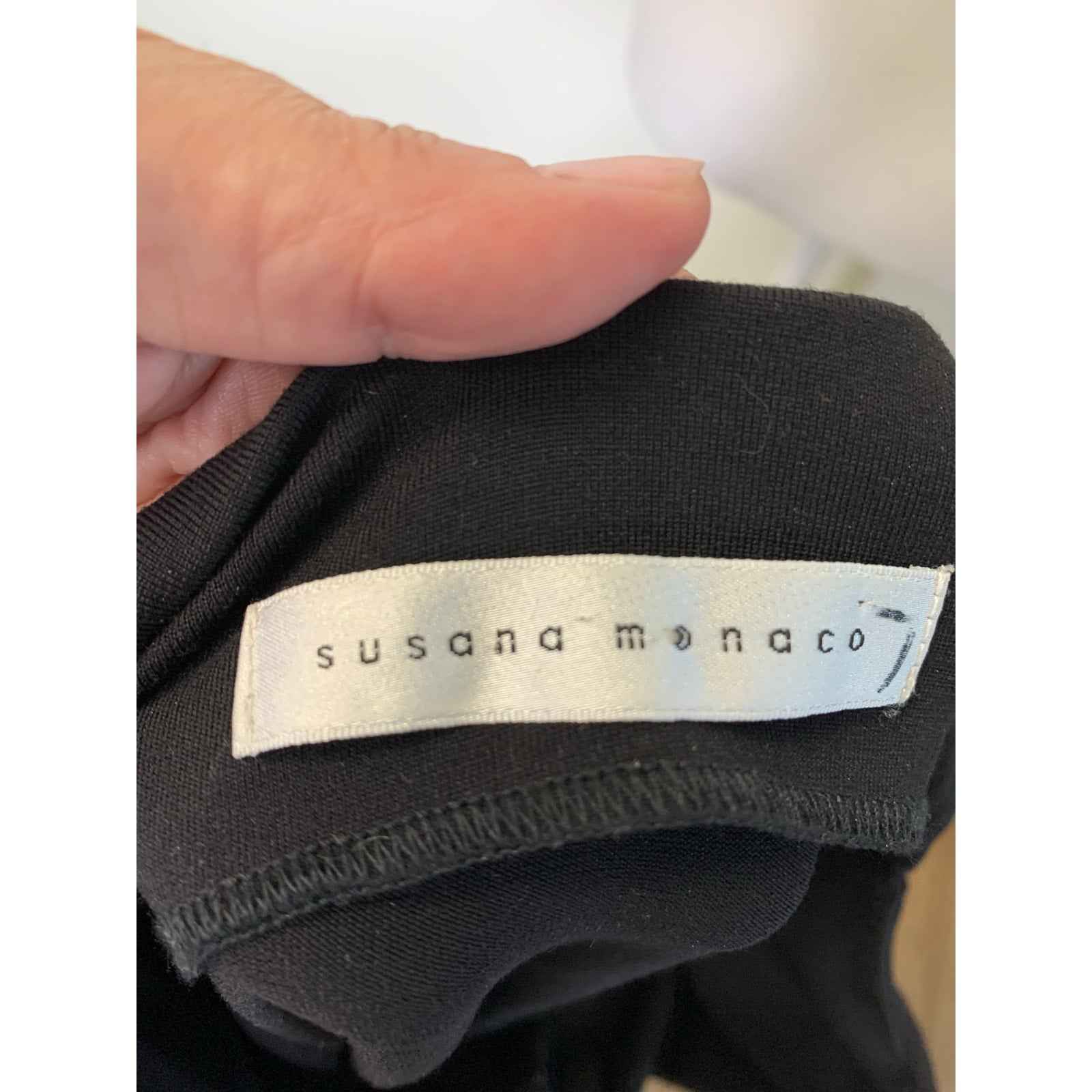 Susana Monaco Black Spaghetti Strap Belted Body Con Below The Knee Dress Sz xs