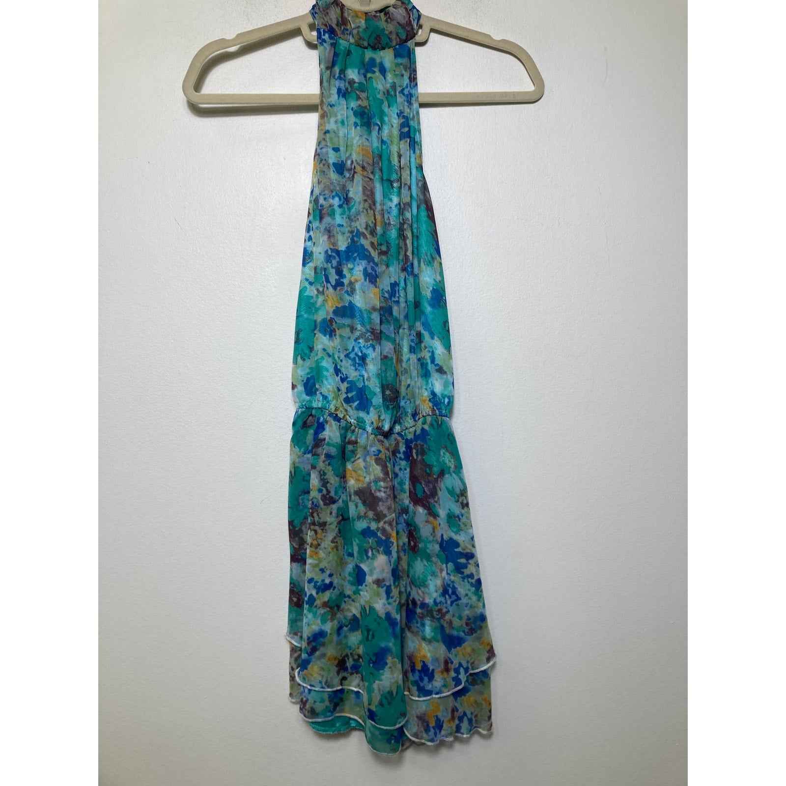 Ya Los Angeles Green Water Color Print Knee Length Halter Dress Sz S