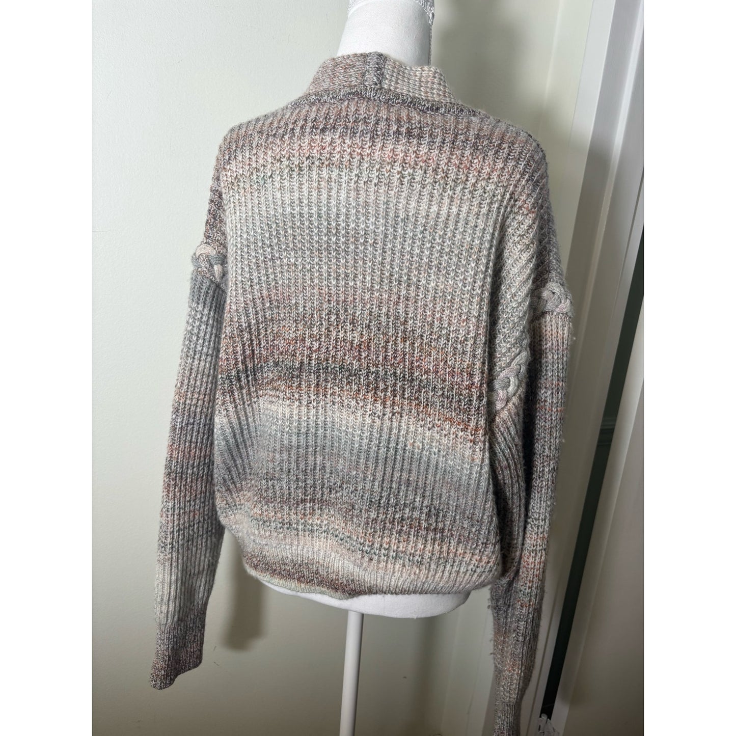 Intermix Muted Multi Color Tan Long Sleeve Button Up V Neck Cropped Cardigan SzL