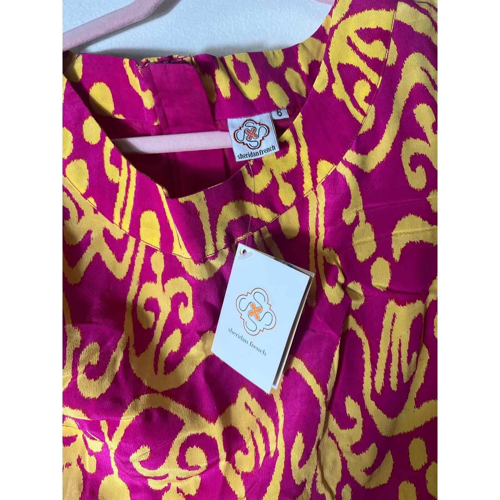 NWT Sherican French Hot Pink Yellow Short Sleeve Knee Length Shift Dress Sz 6