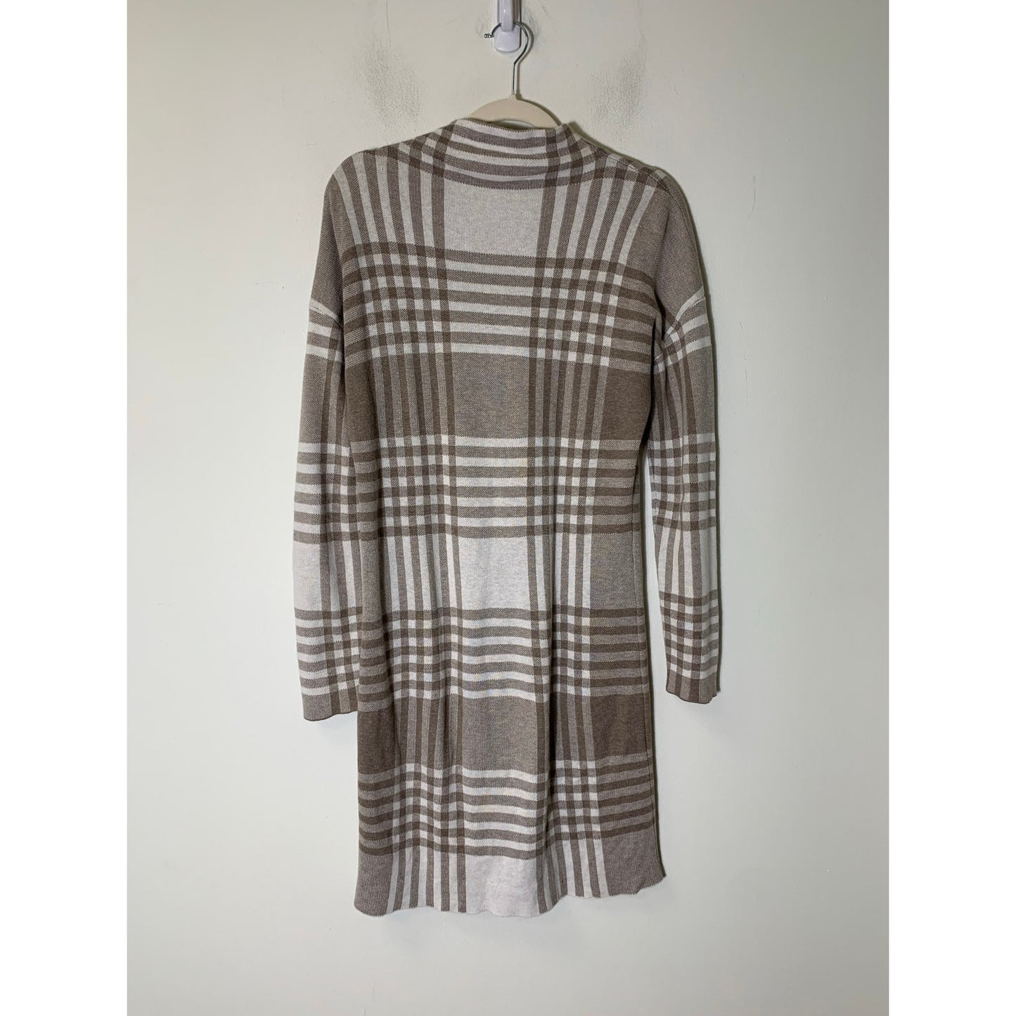 Max Studio Tan Off White Plaid Long Sleeve Knit Midi Sweater Dress Sz S