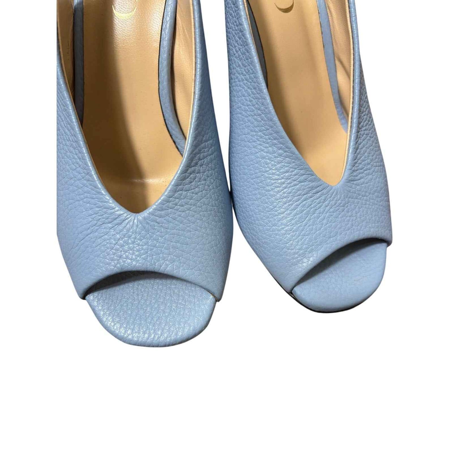 Theo Light Blue Leather Peep Toe Round Heel Pump Sz 38