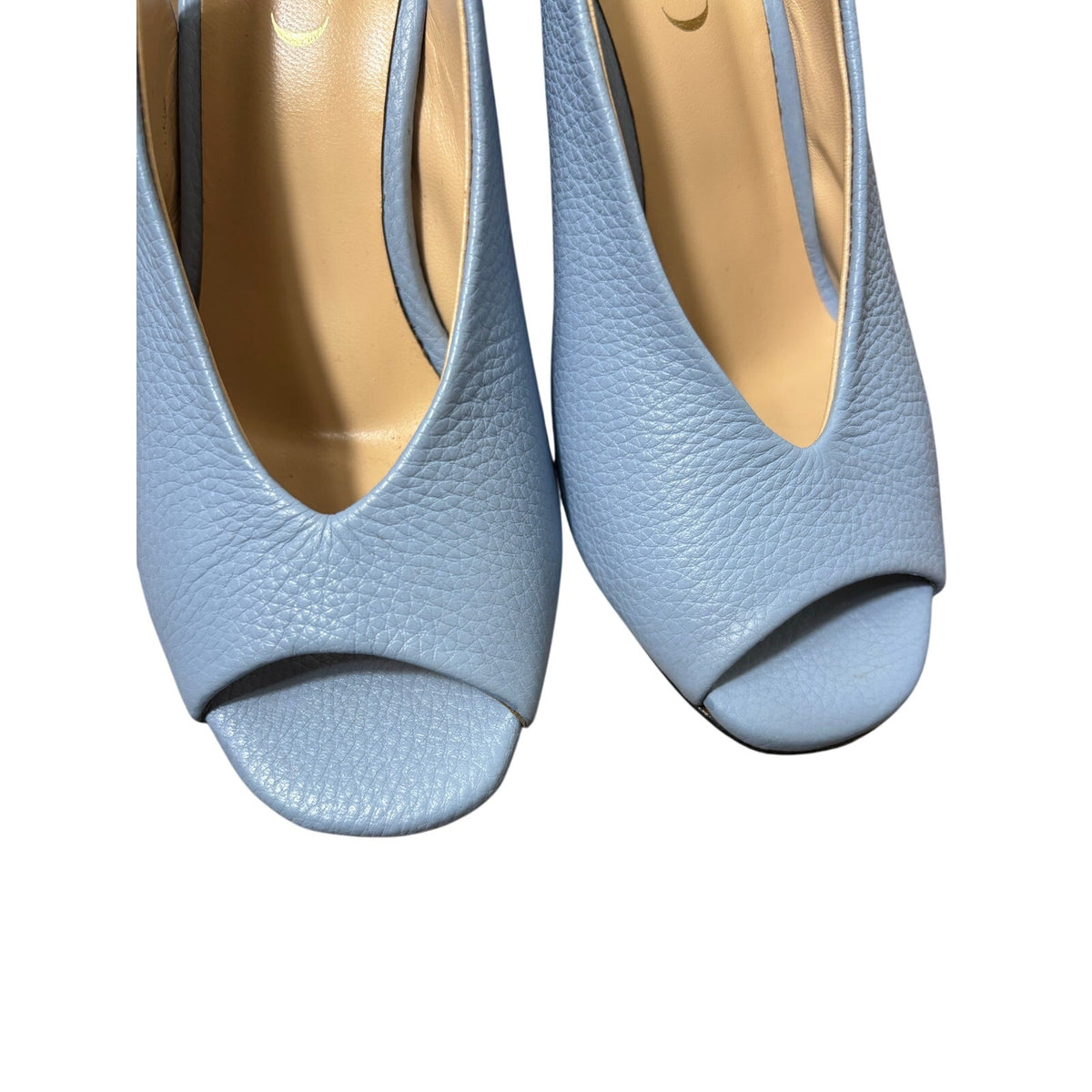 Theo Light Blue Leather Peep Toe Round Heel Pump Sz 38