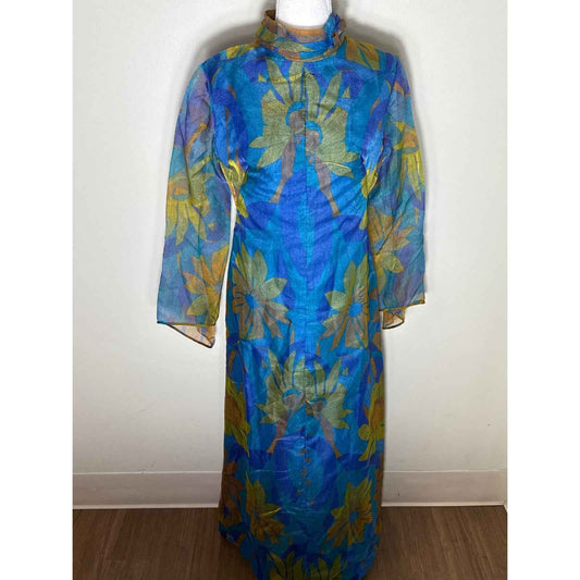 Gina Gaye Blue and Green Floral Overlay Maxi Dress Sz S/M