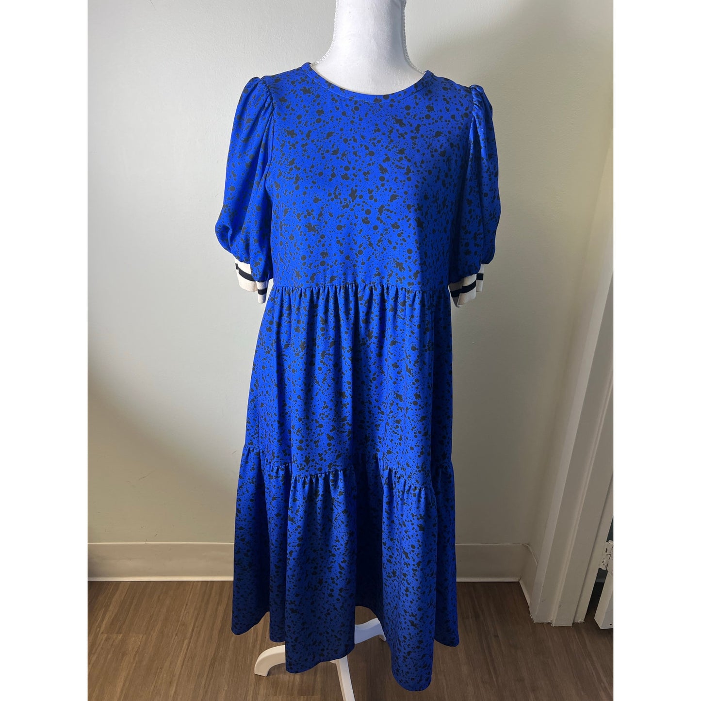 Crosby Blue And Black Speckled Tiered Short Sleeve Maxi Dress Sz Xs