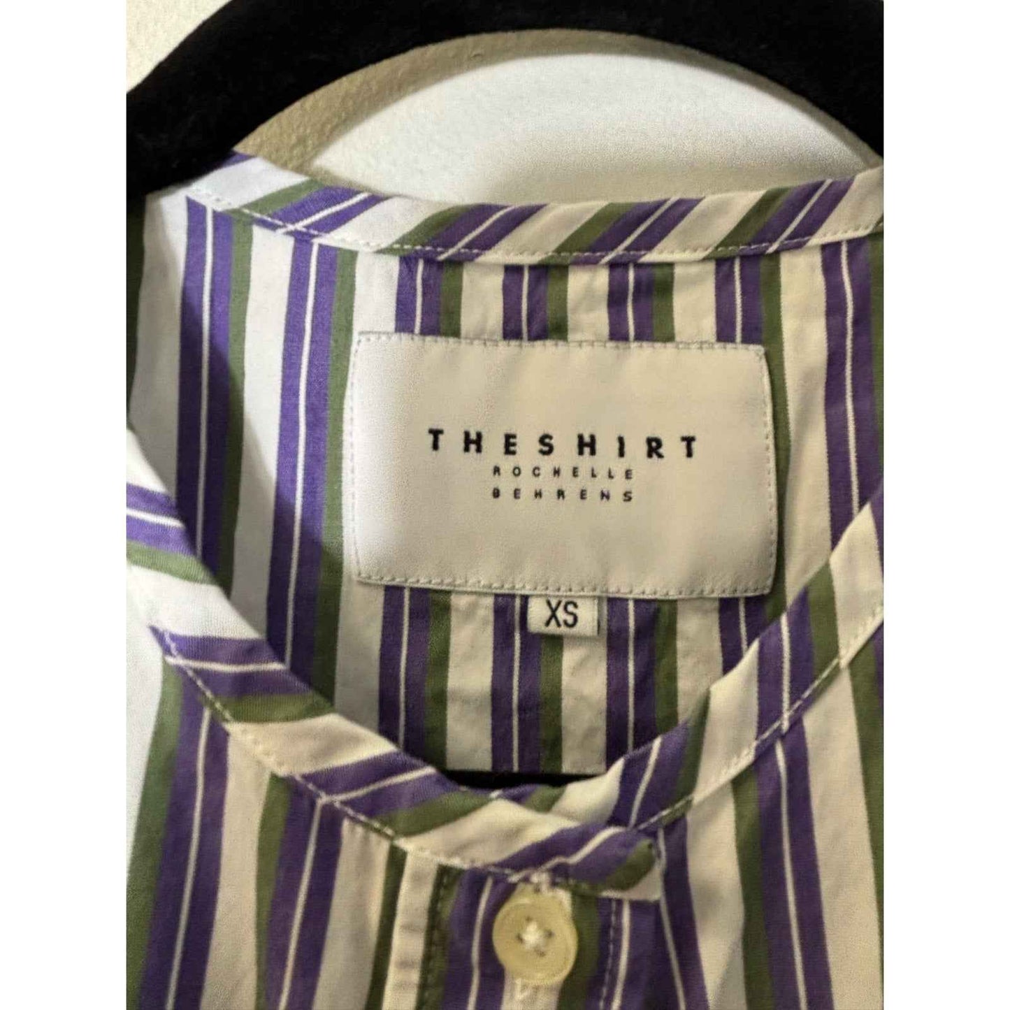 The Shirt Rochelle Behrens Purple Green Stripe Cotton Button Up Shirt Sz XS