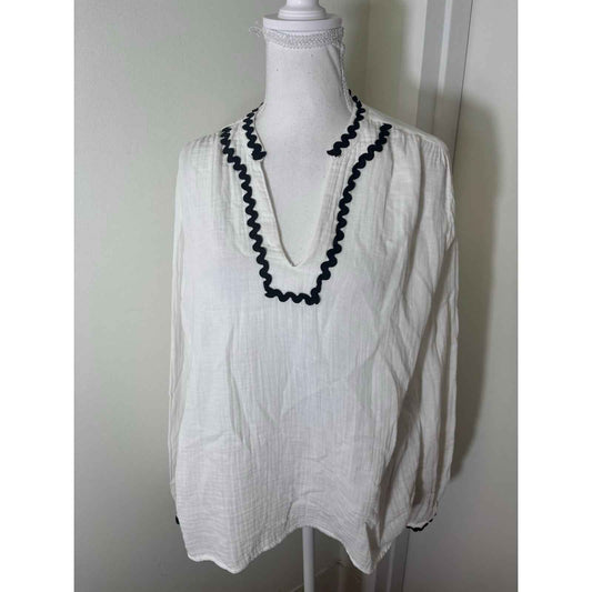 Stark White Gauze W Black Ric Rac Trim Shirt Sz L