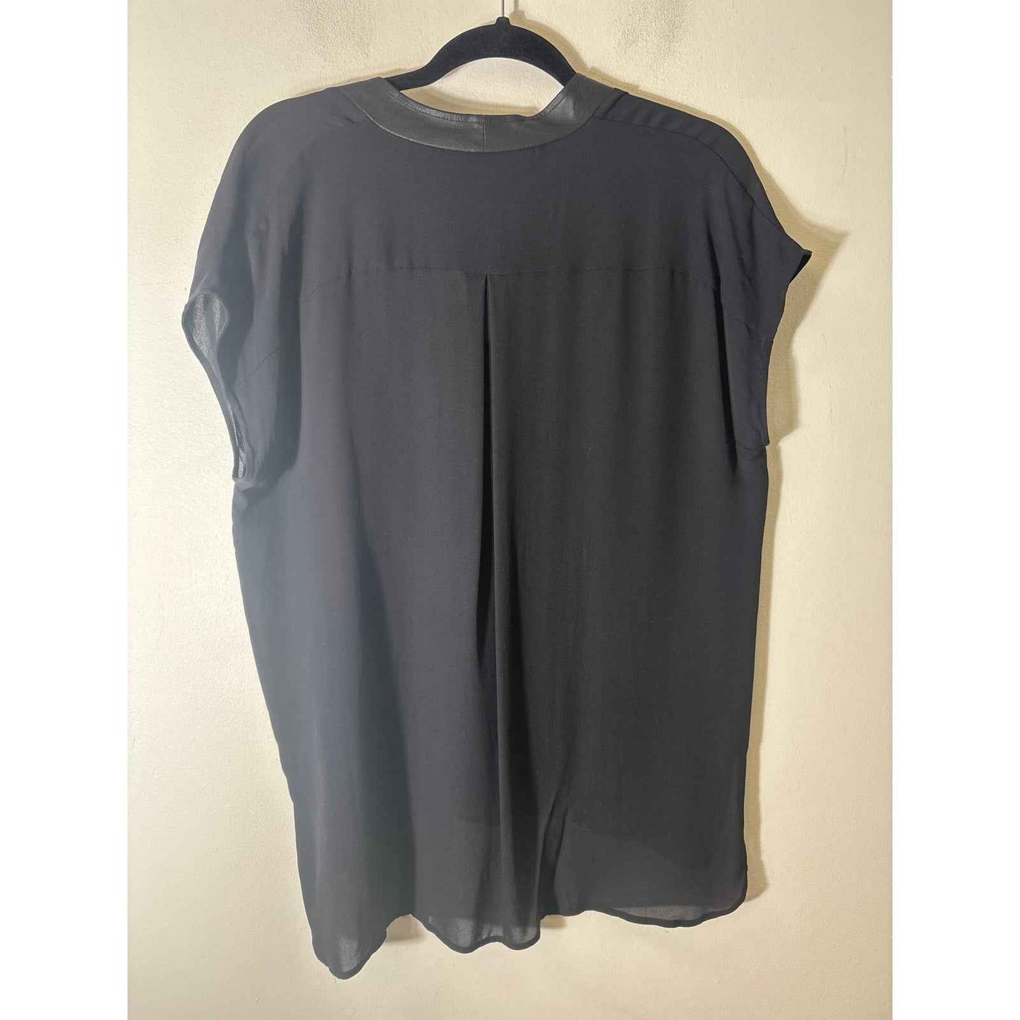 Vince Black Leather V Neck Flowy Blouse Sz L