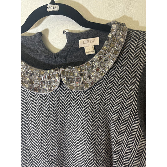 J.Crew Gray With Black and White Houndstooth Jeweled Collar Sweater Sz S