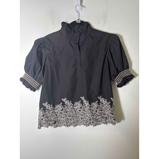 Entro Black Short Puff Sleeve Embroidered Shirt Sz M