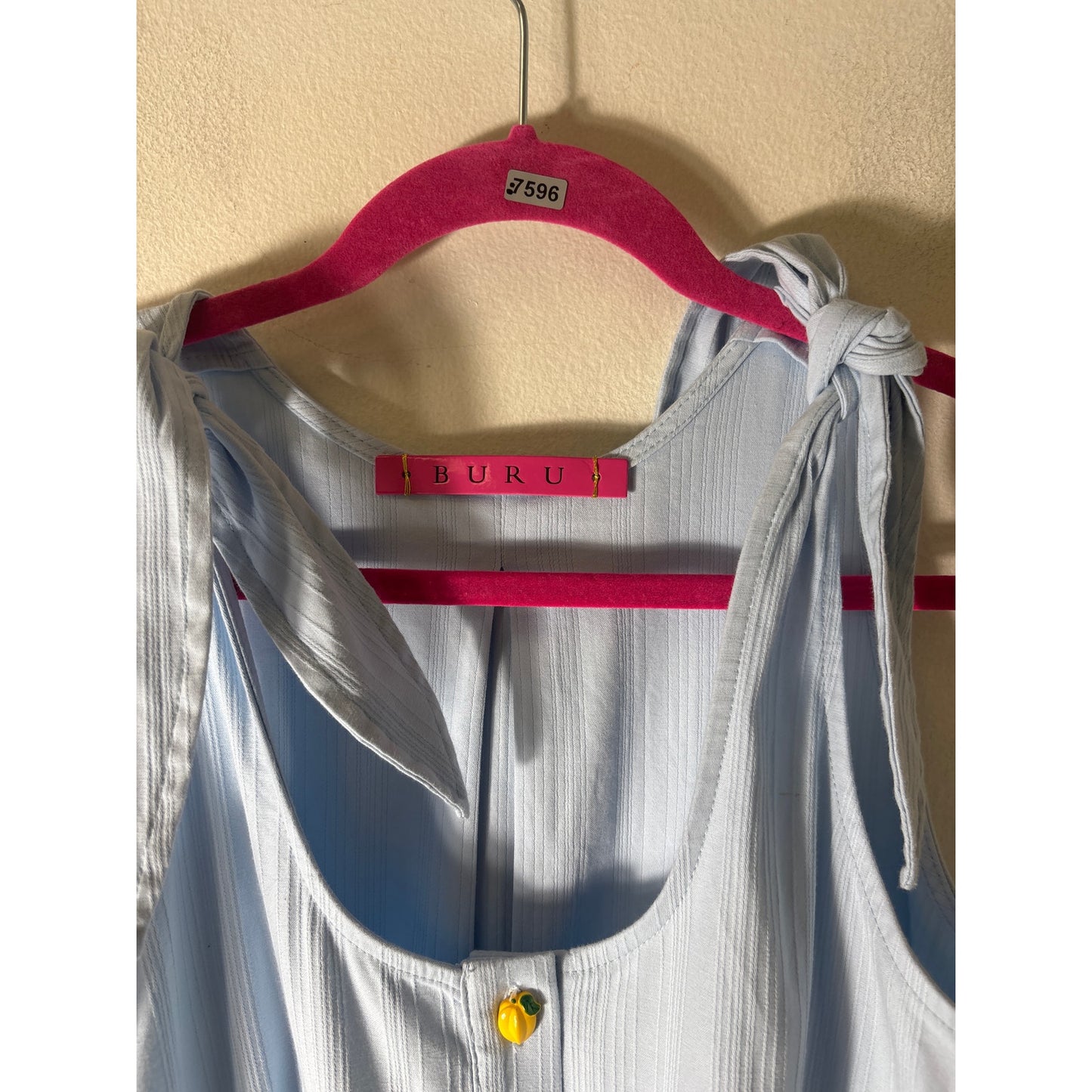 Buru Baby Blue Tie Shoulder A Line Lemon Button Dress Sz S