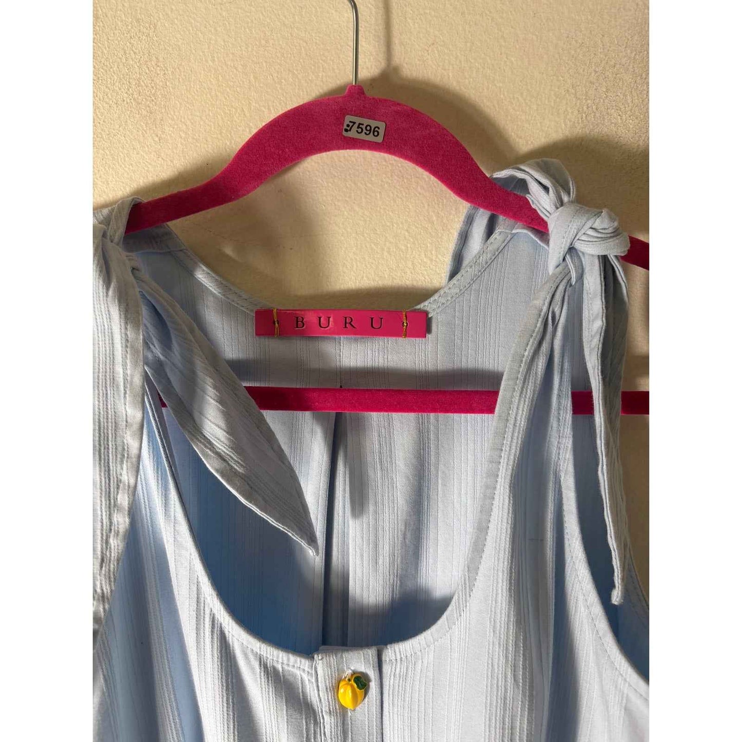 Buru Baby Blue Tie Shoulder A Line Lemon Button Dress Sz S