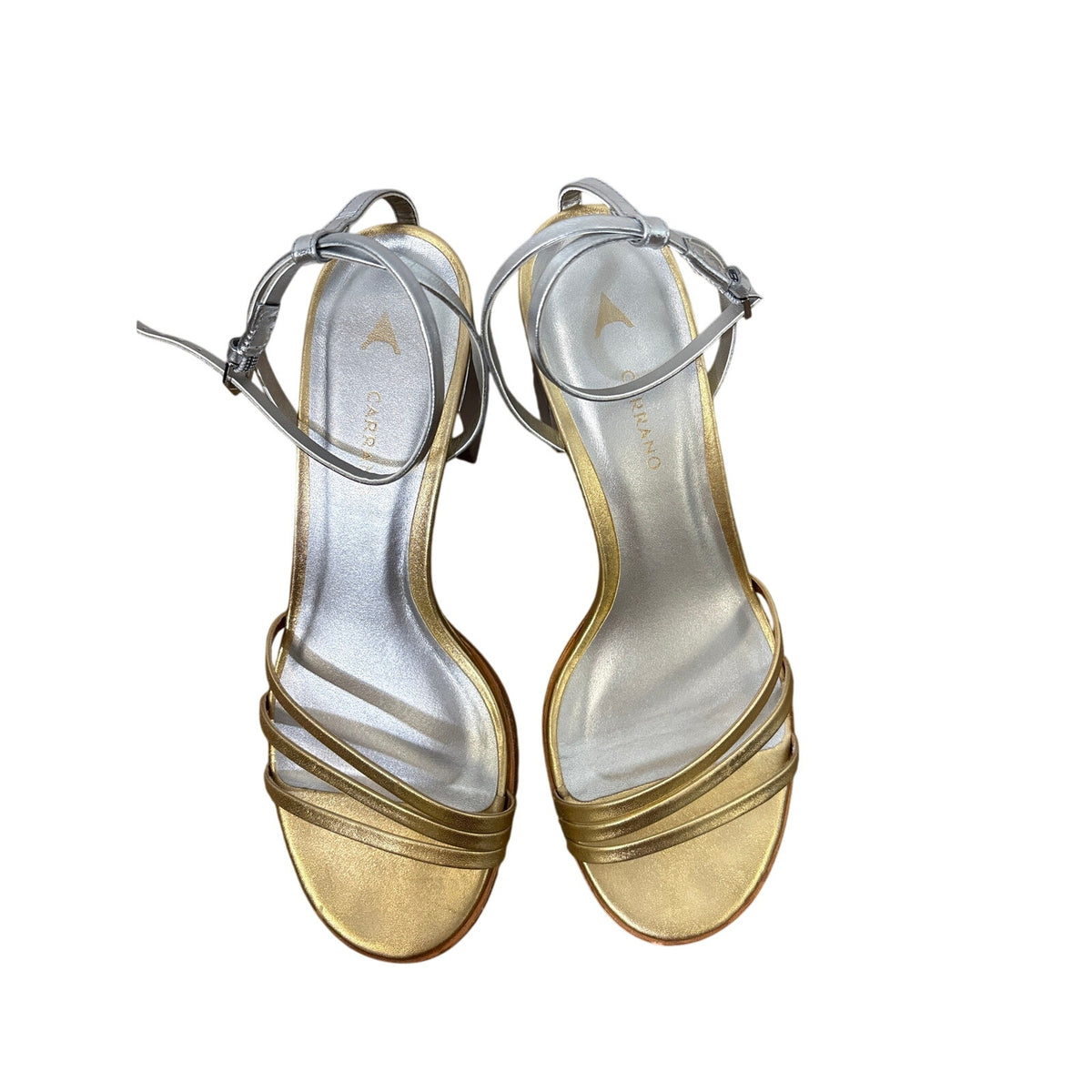Carrano Gold Silver Strappy Medium Heel Sandal Sz 8