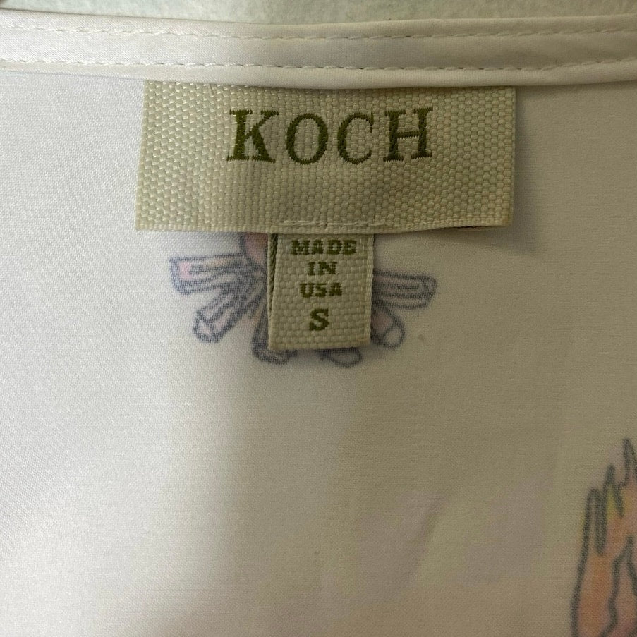 Koch White Campfire Pattern Satin Ruffle Button Down Top Sz S