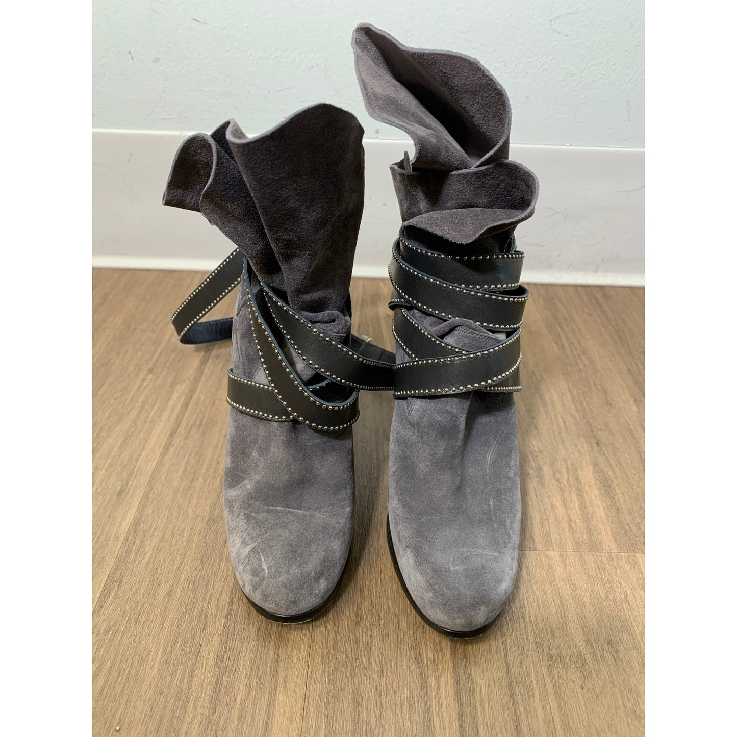 Barbara Bui Gray Suede Studded Strap Wrapped Boot Sz 37 (6.5)