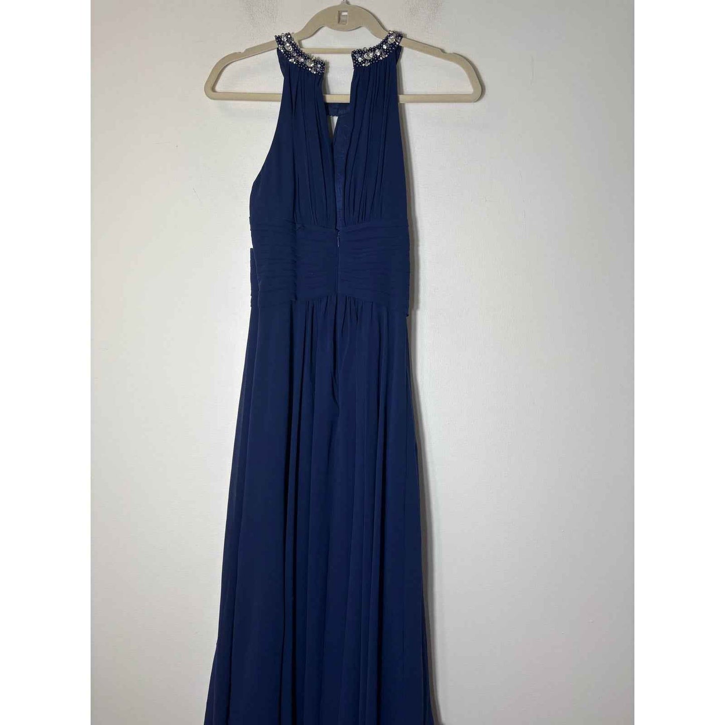 Donna Morgan Navy Chiffon Jeweled Evening Gown Sz 0
